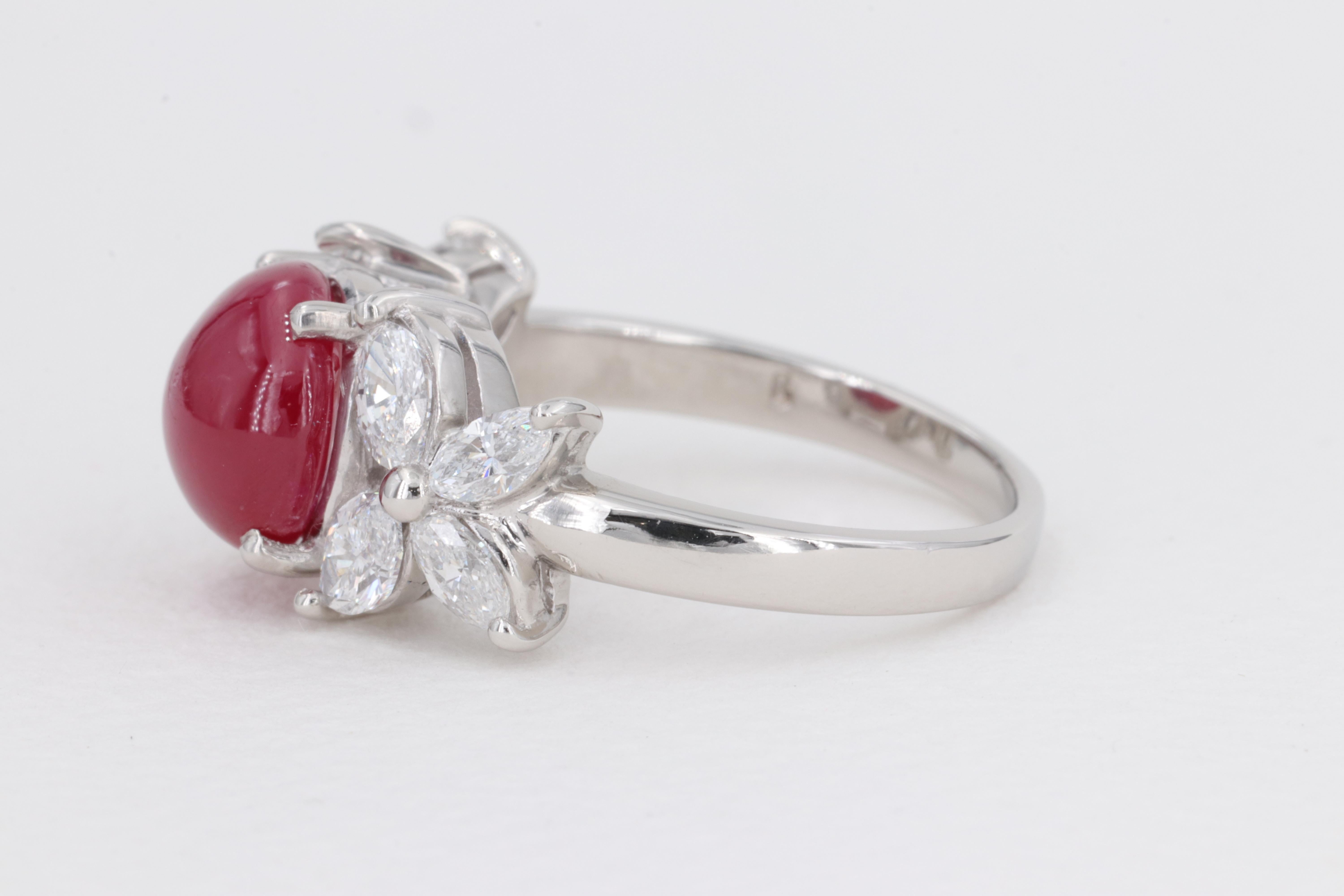 No Heat Cabochon Ruby G.I.A. Set in Plat Ring with Marquise Diamonds In Excellent Condition For Sale In Tampa, FL