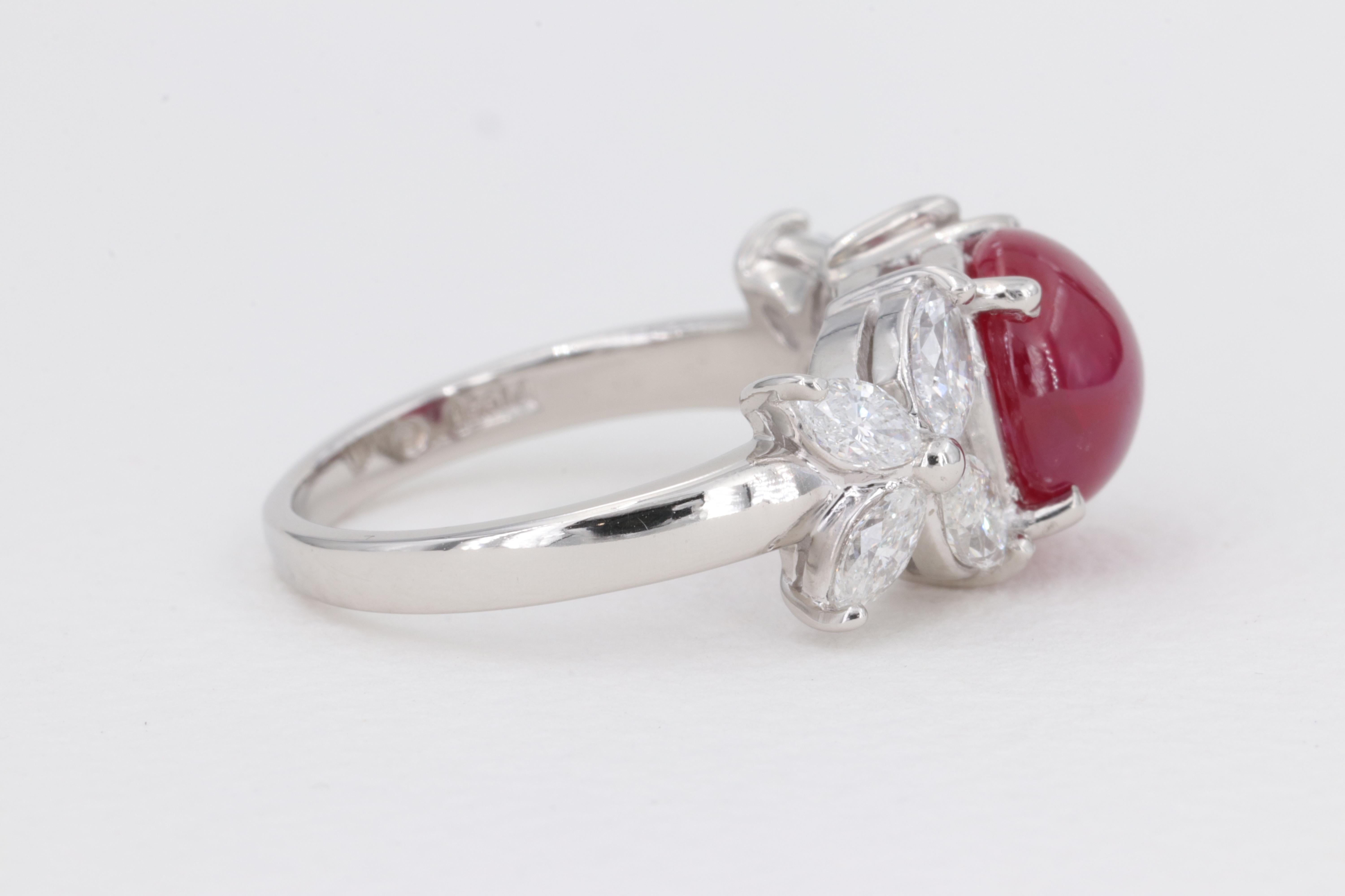 Women's or Men's No Heat Cabochon Ruby G.I.A. Set in Plat Ring with Marquise Diamonds For Sale