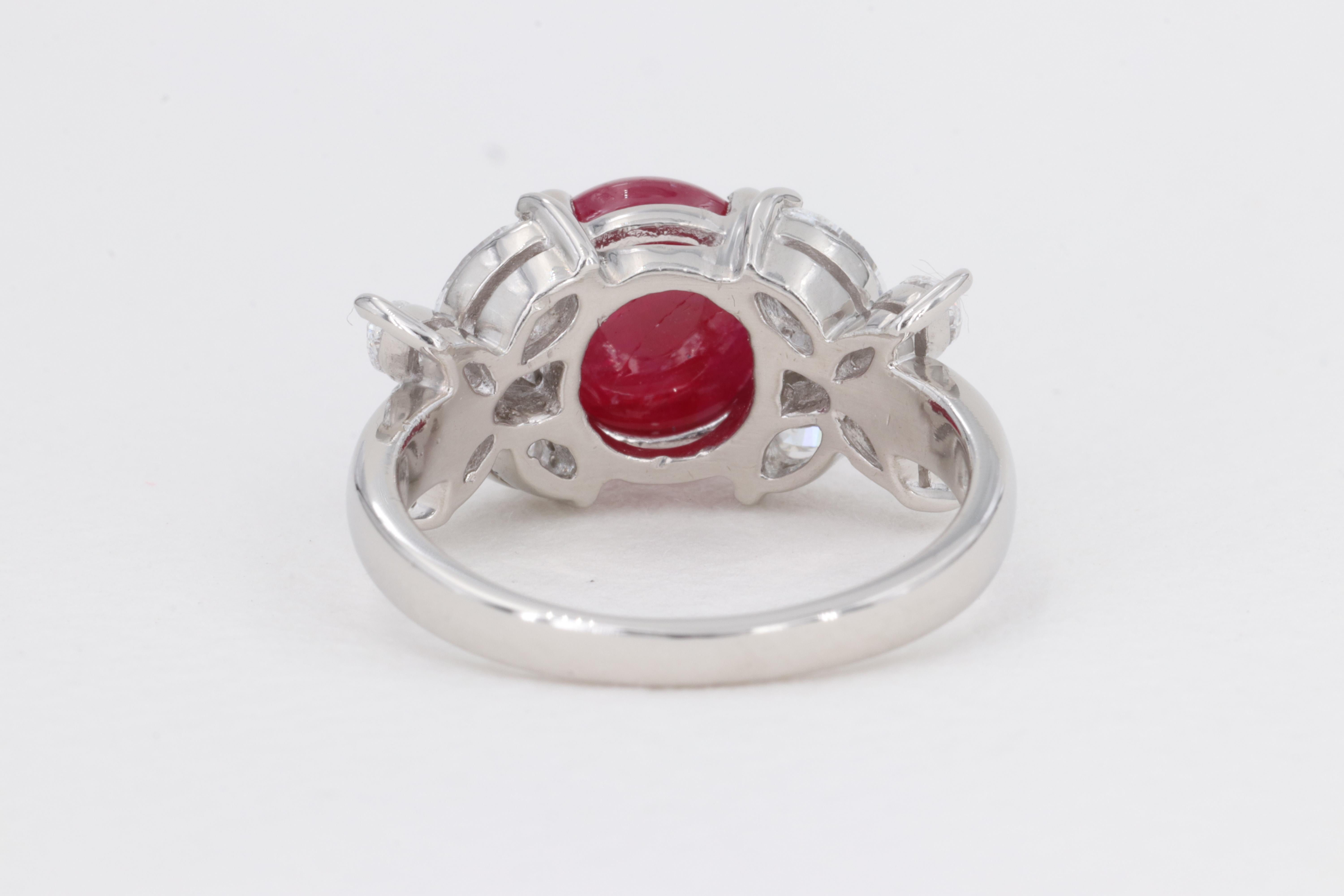 No Heat Cabochon Ruby G.I.A. Set in Plat Ring with Marquise Diamonds For Sale 1