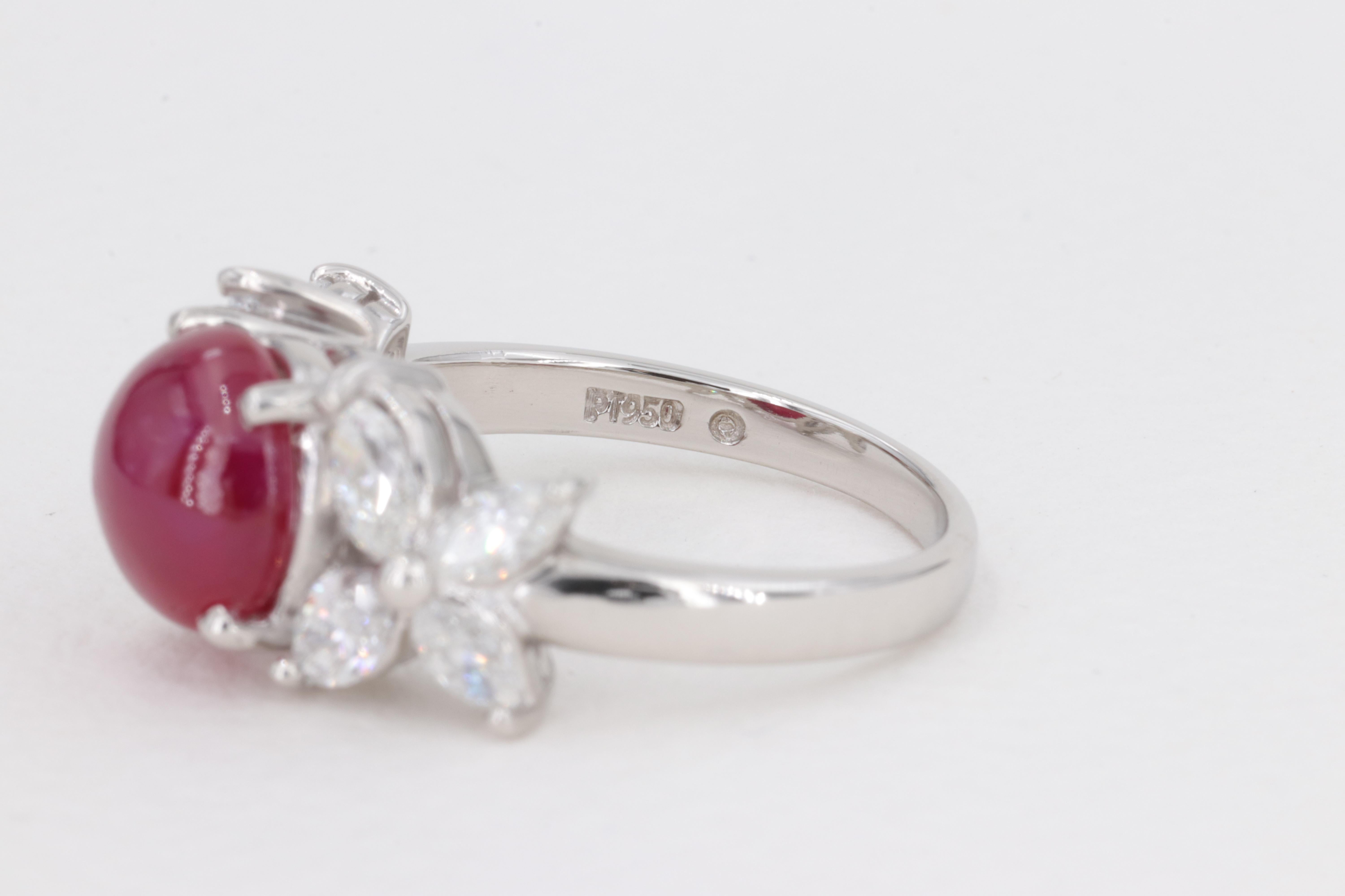 No Heat Cabochon Ruby G.I.A. Set in Plat Ring with Marquise Diamonds For Sale 2