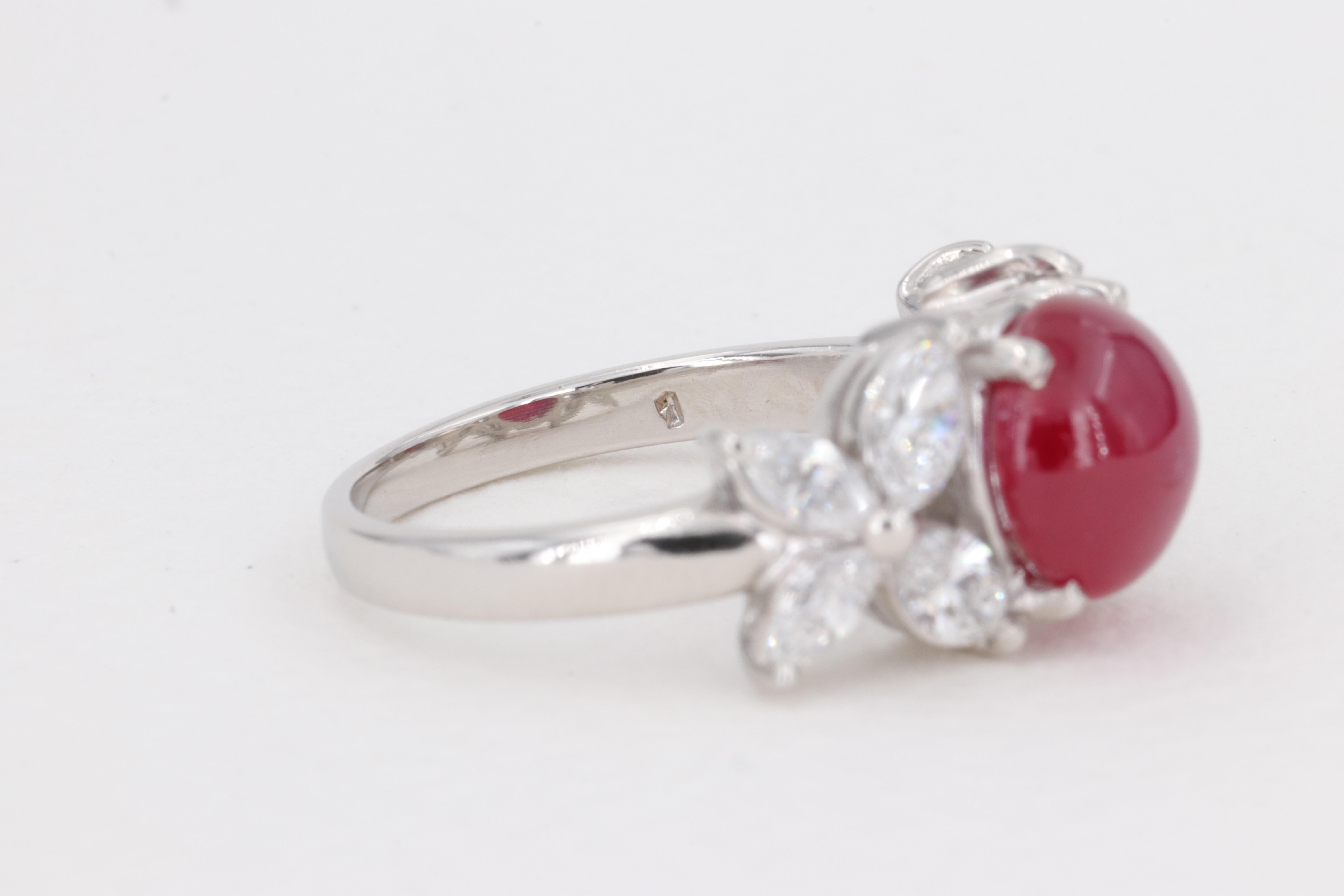 No Heat Cabochon Ruby G.I.A. Set in Plat Ring with Marquise Diamonds For Sale 3