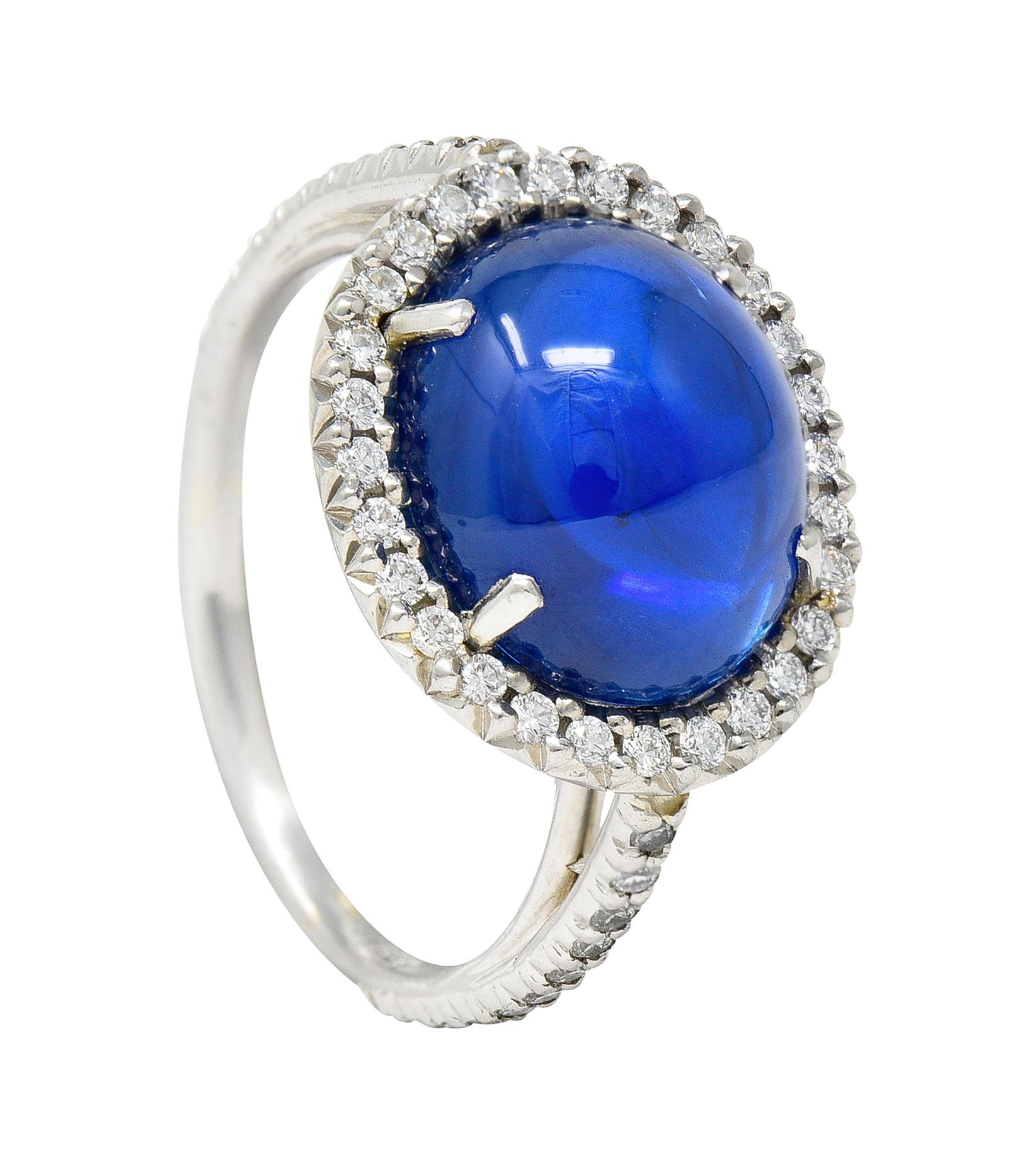 No Heat Ceylon 7.69 Carats Sapphire Diamond Platinum Halo Cabochon Ring AGL 5