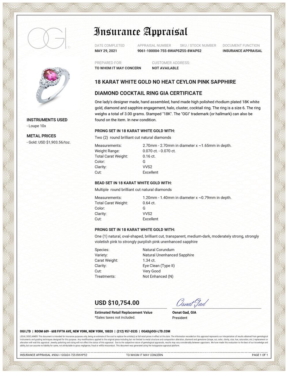 18 karats white gold GIA certified, one of a kind cocktail ring
Sri Lanka Pink Sapphire weighing 1.34 carat no indication of heat 
Surrounded by pave-set diamonds weighing 0.80 carat 
Diamond quality G VS
GIA certificate #1172261169
New ring 
GIA