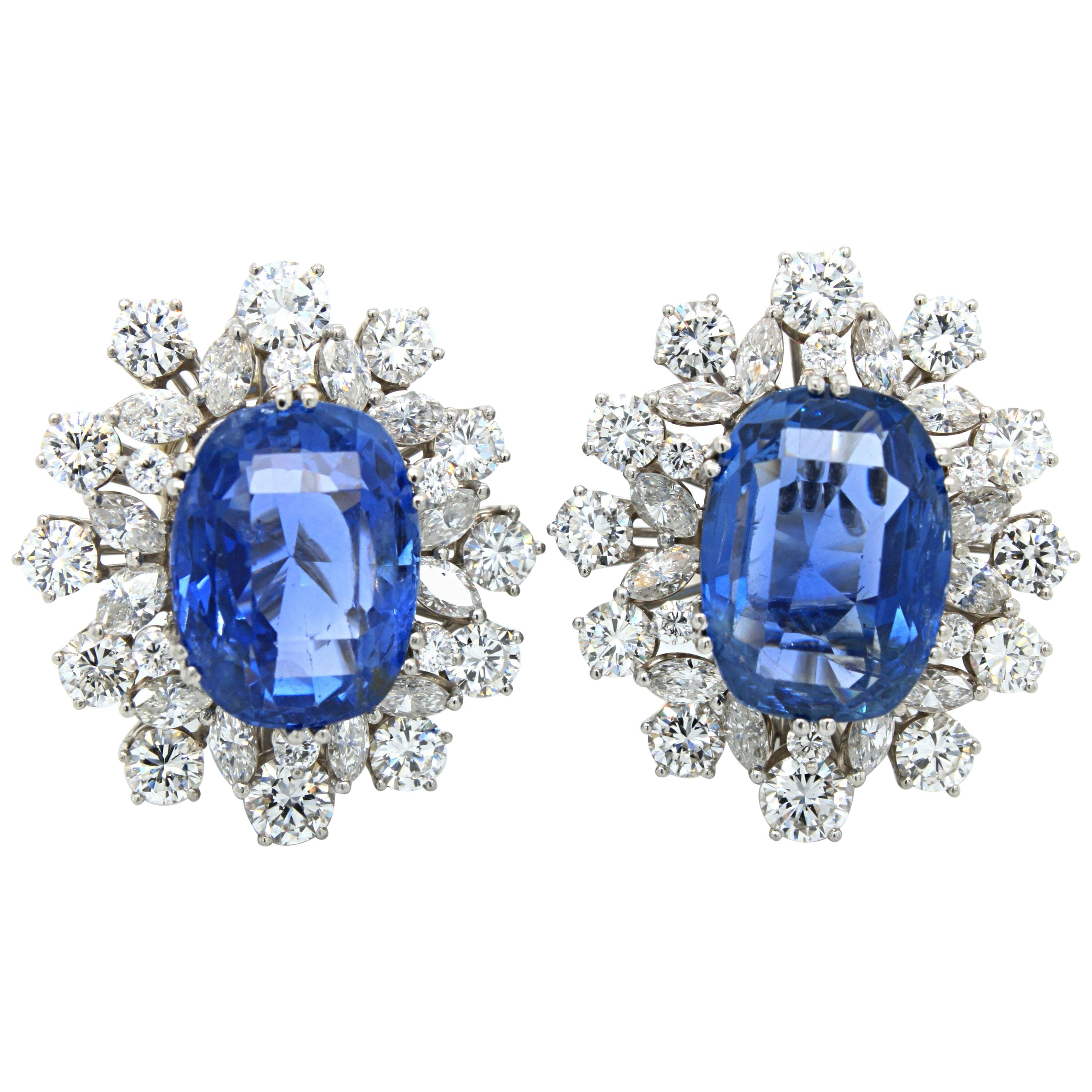 No-Heat Ceylon Sapphire and Diamond Cluster Earrings, circa 1970s