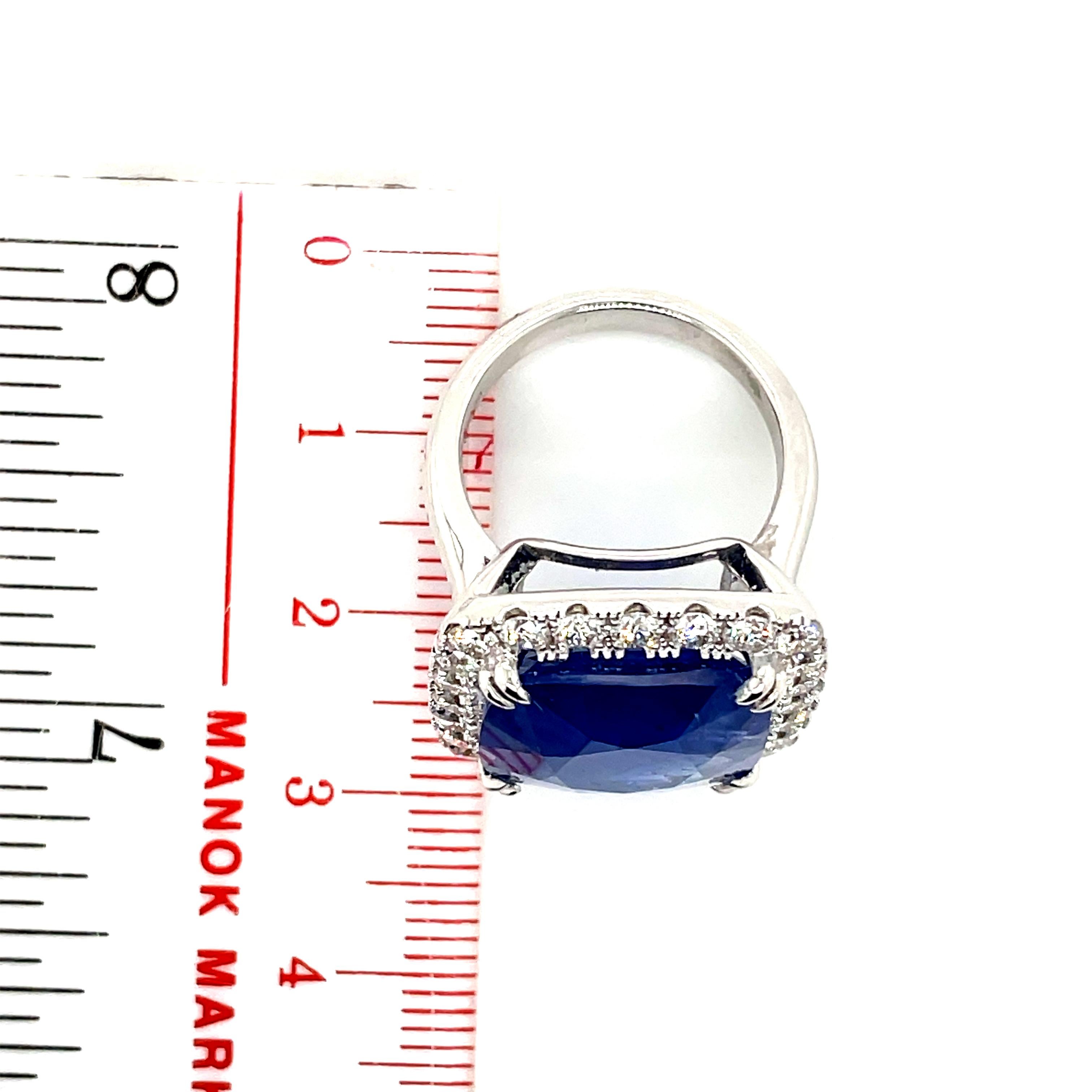 No Heat Cushion Burma Sapphire Cts 19.06 and Diamond Engagement Ring For Sale 5