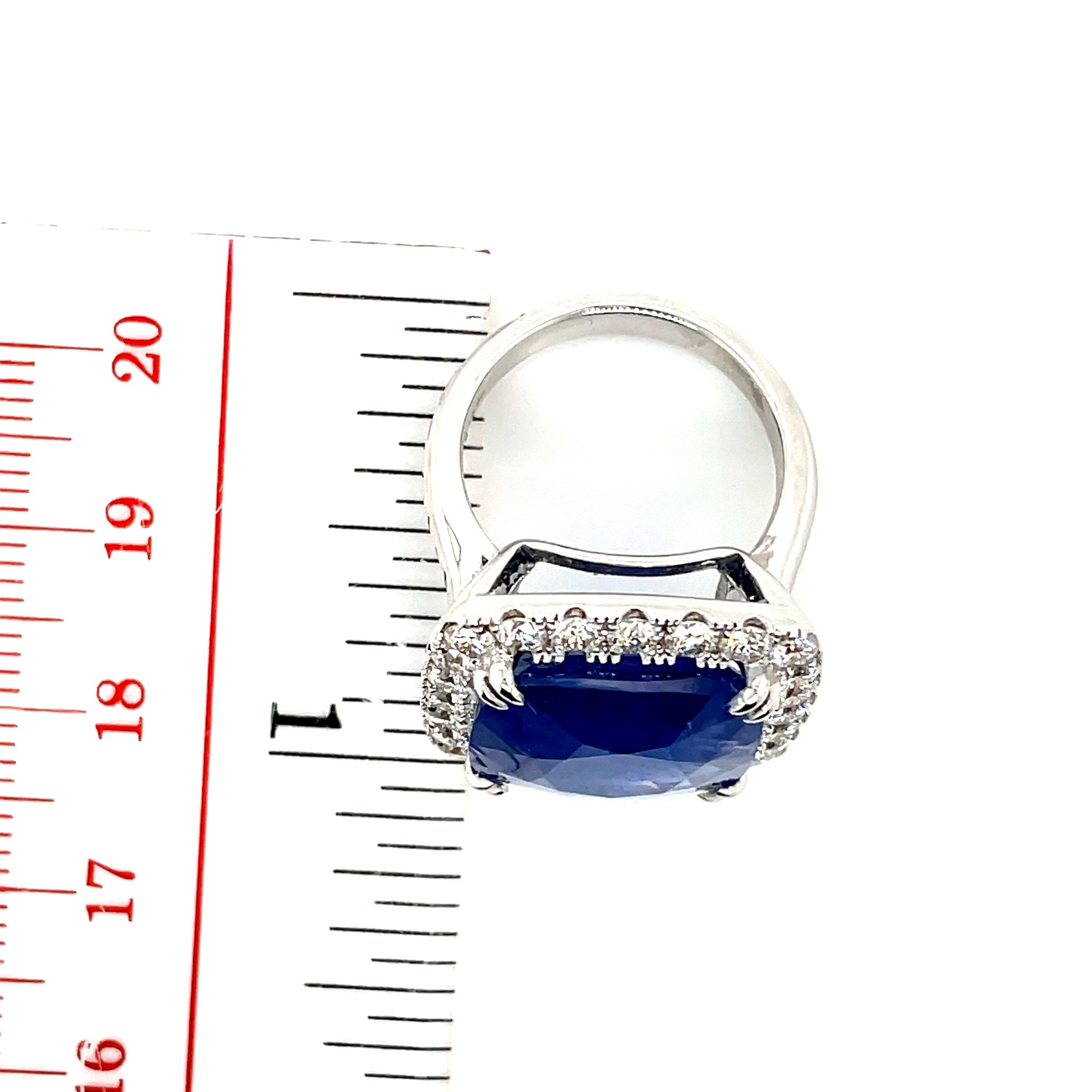 No Heat Cushion Burma Sapphire Cts 19.06 and Diamond Engagement Ring For Sale 6