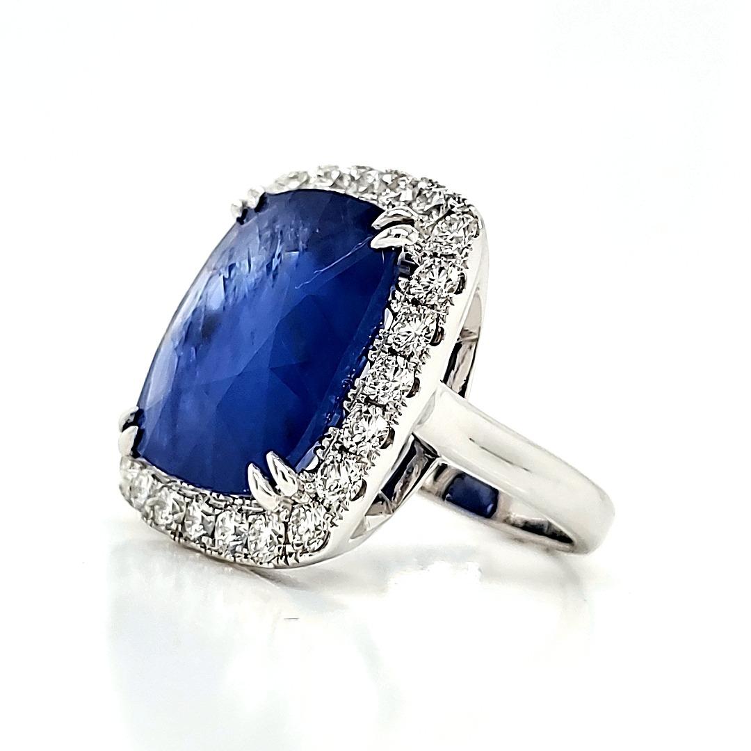 Contemporary No Heat Cushion Burma Sapphire Cts 19.06 and Diamond Engagement Ring For Sale