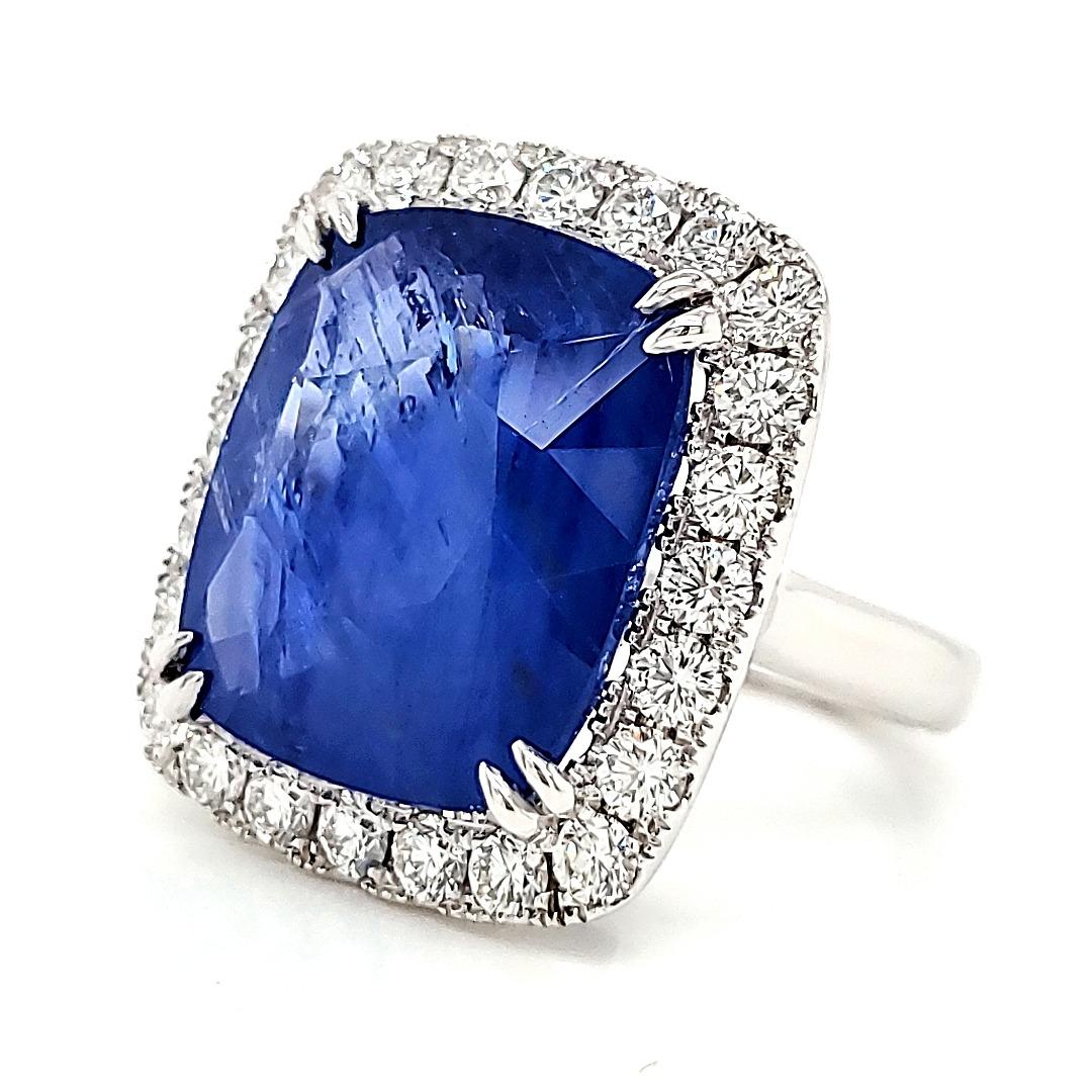 No Heat Cushion Burma Sapphire Cts 19.06 and Diamond Engagement Ring In New Condition For Sale In Hong Kong, HK