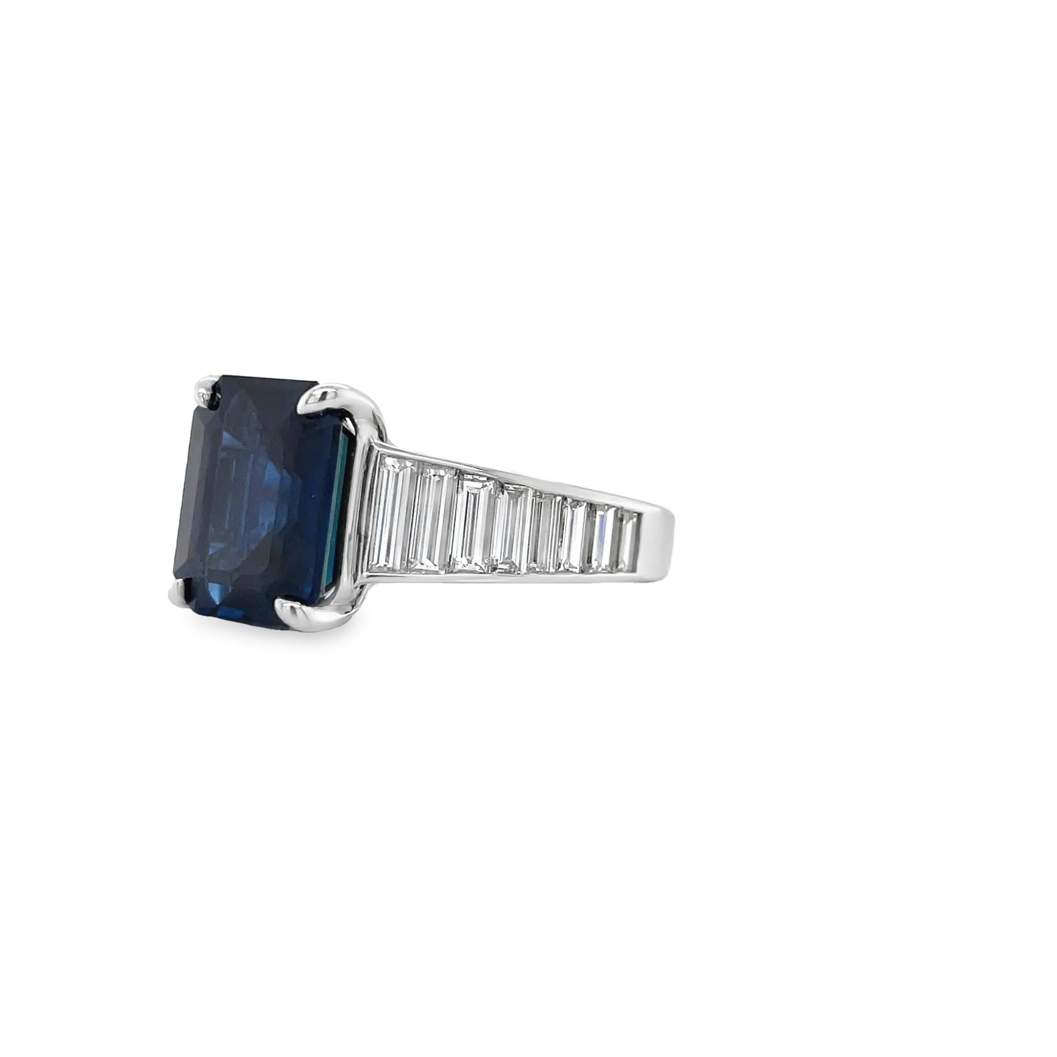 No Heat Emerald Cut Sapphire & Tapered Baguette Diamond Ring in 18K White Gold In New Condition For Sale In New York, NY