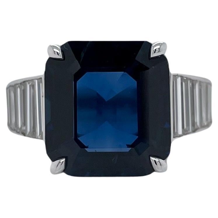 No Heat Emerald Cut Sapphire & Tapered Baguette Diamond Ring in 18K White Gold For Sale
