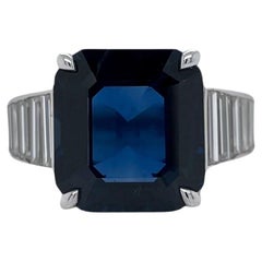 No Heat Emerald Cut Sapphire & Tapered Baguette Diamond Ring in 18K White Gold