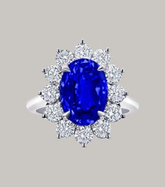 No Heat GIA GRS Certified 4 Carat Blue Oval Sapphire Diamond Ring