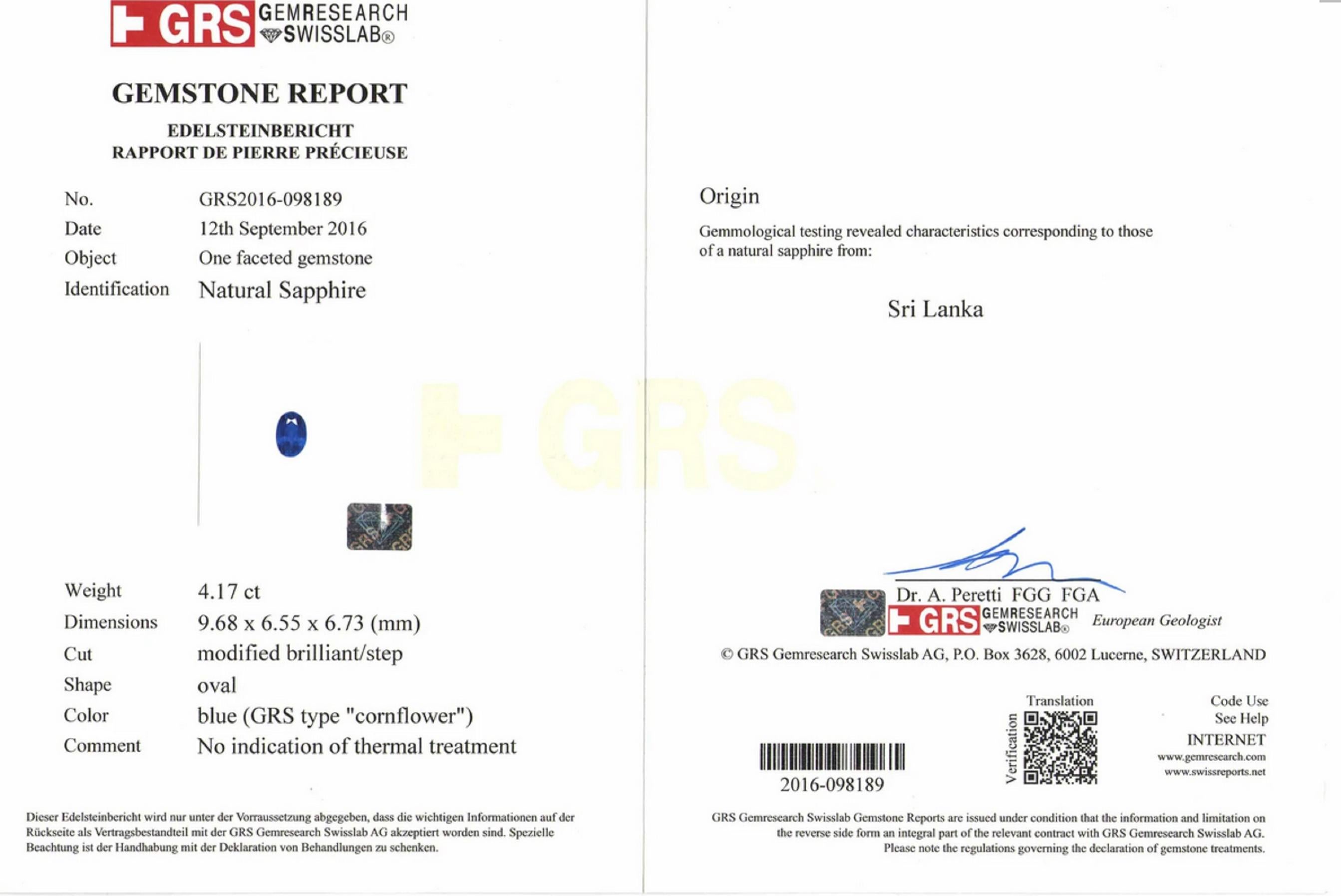 Diamantring, unbehandelter GIA GRS-zertifizierter 4 Karat blauer ovaler Saphir, Diamantring für Damen oder Herren im Angebot
