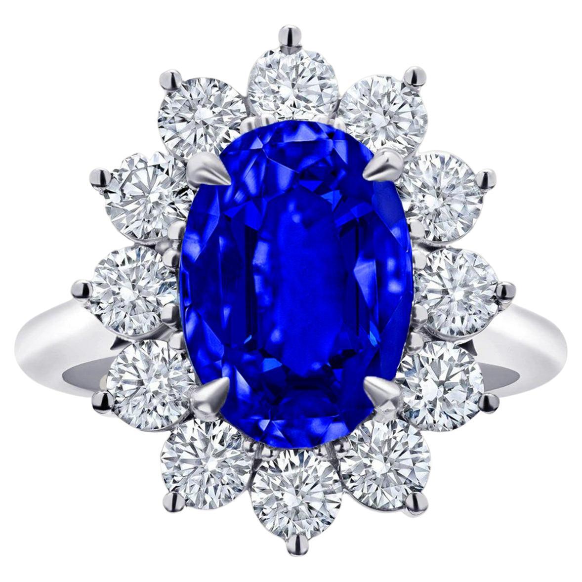 No Heat GIA GRS Certified 4 Carat Blue Oval Sapphire Diamond Ring For Sale