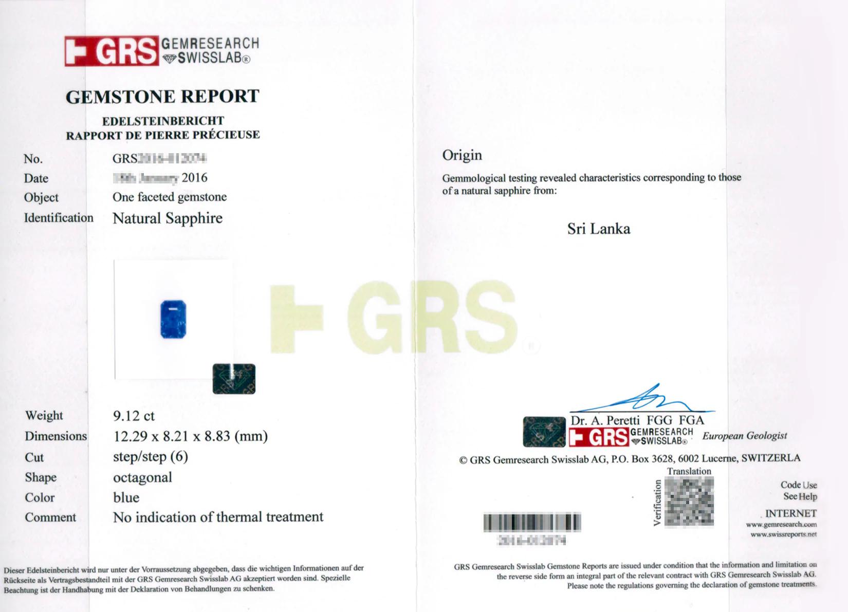 No Heat GRS Switzerland Certified 9.12 Carat Sri-Lanka Emerald Cut Blue Sapphire In New Condition For Sale In Rome, IT