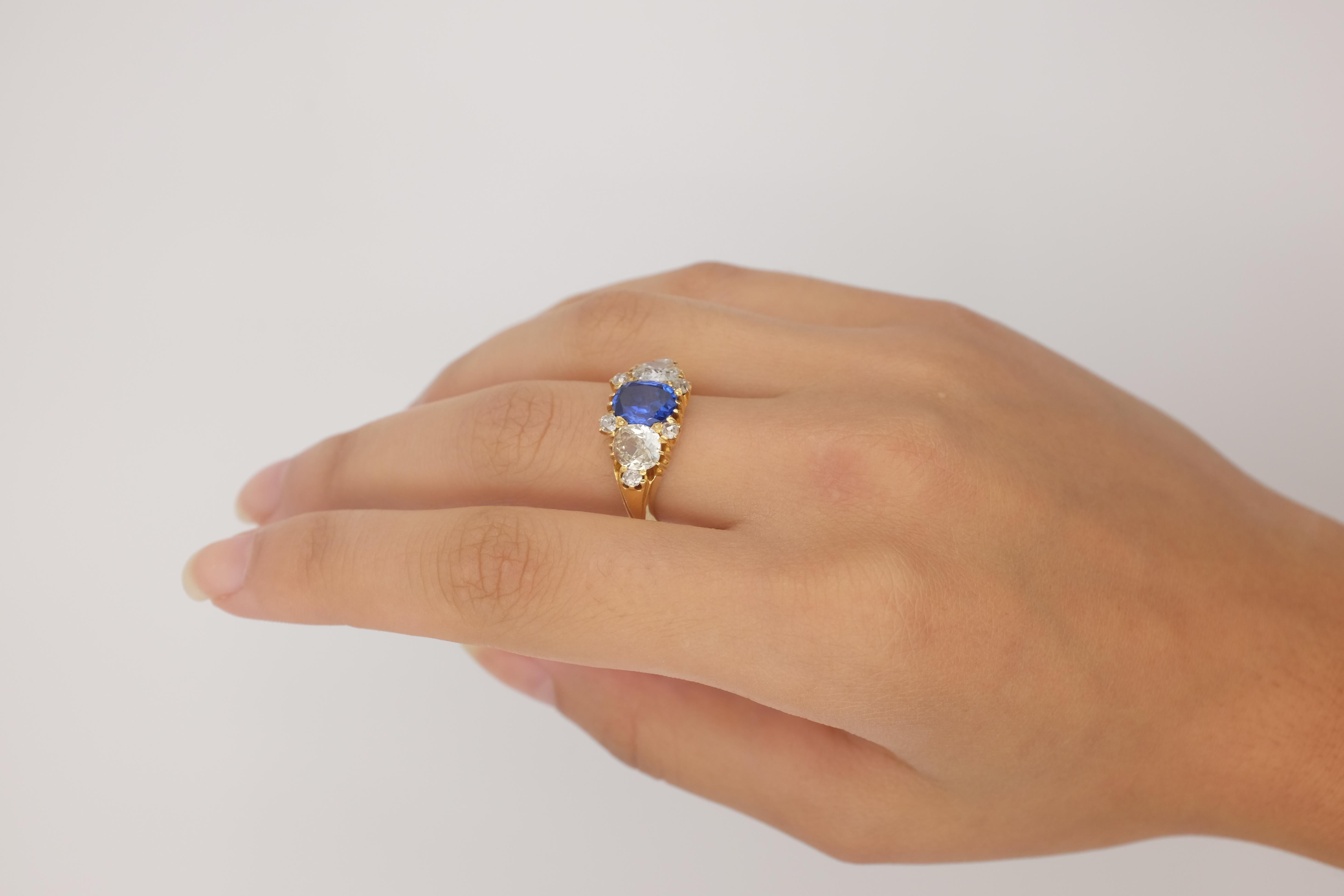 Kashmir sapphires are considered the finest in the world, because of their cornflower blue color and their velvety texture.  This Kashmir is mounted next to old-cut diamonds on an 20+/- karat yellow gold ring.  Certificate is the best Europe offers