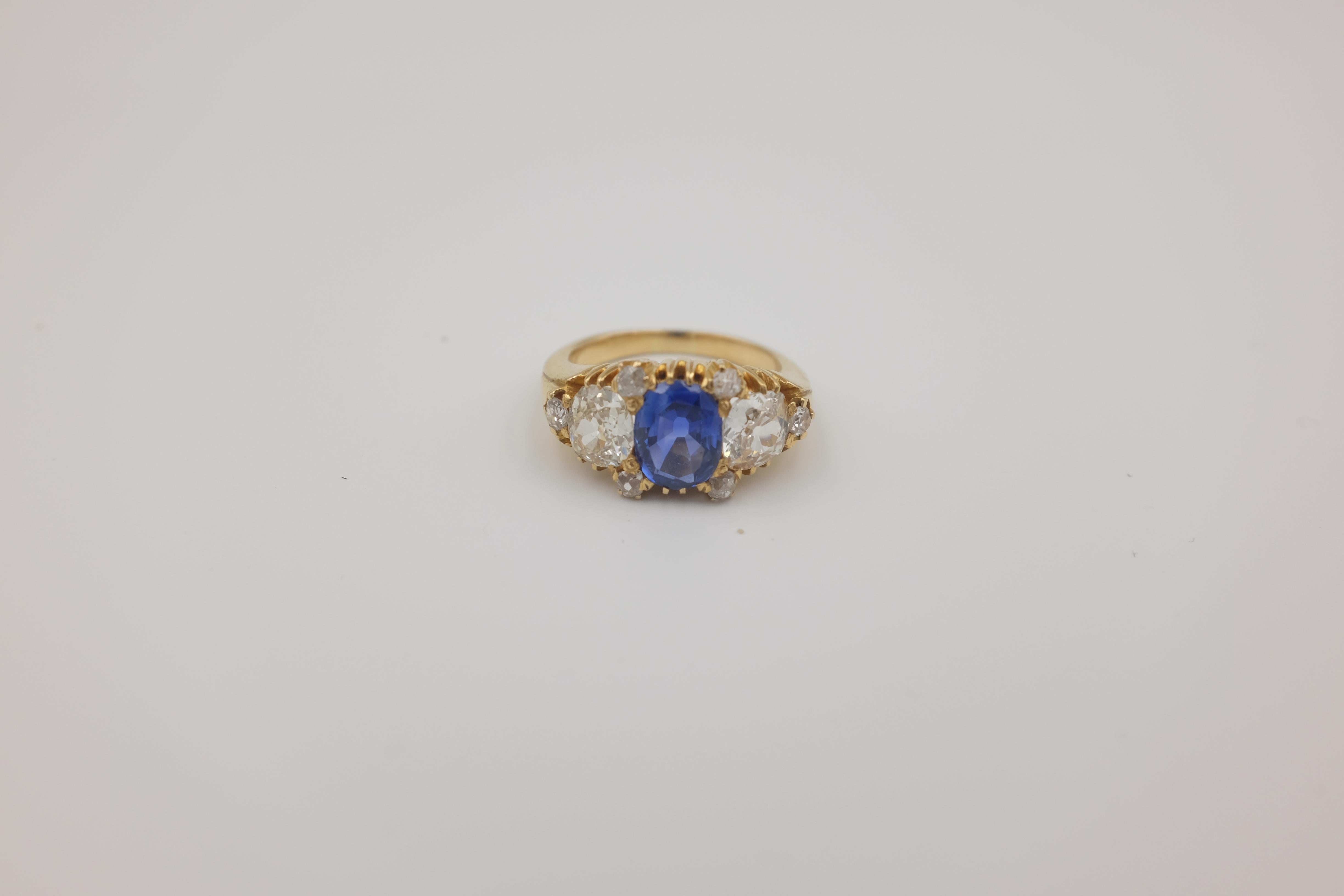 Women's or Men's No Heat Kashmir Sapphire with Old Cut Diamonds For Sale