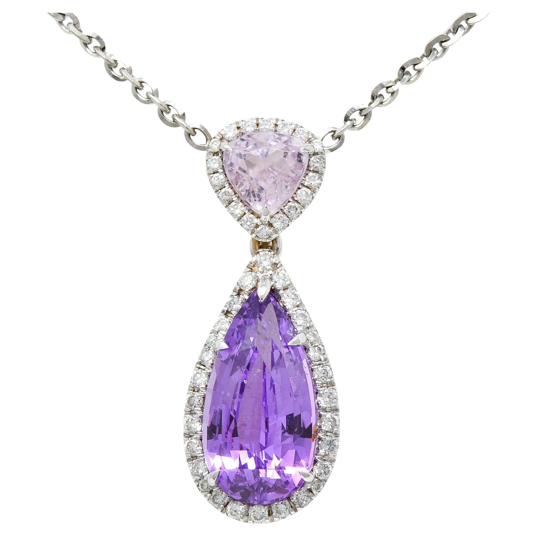 No Heat Madagascar Purple Sapphire Diamond Kunzite 18 Karat White Gold Necklace