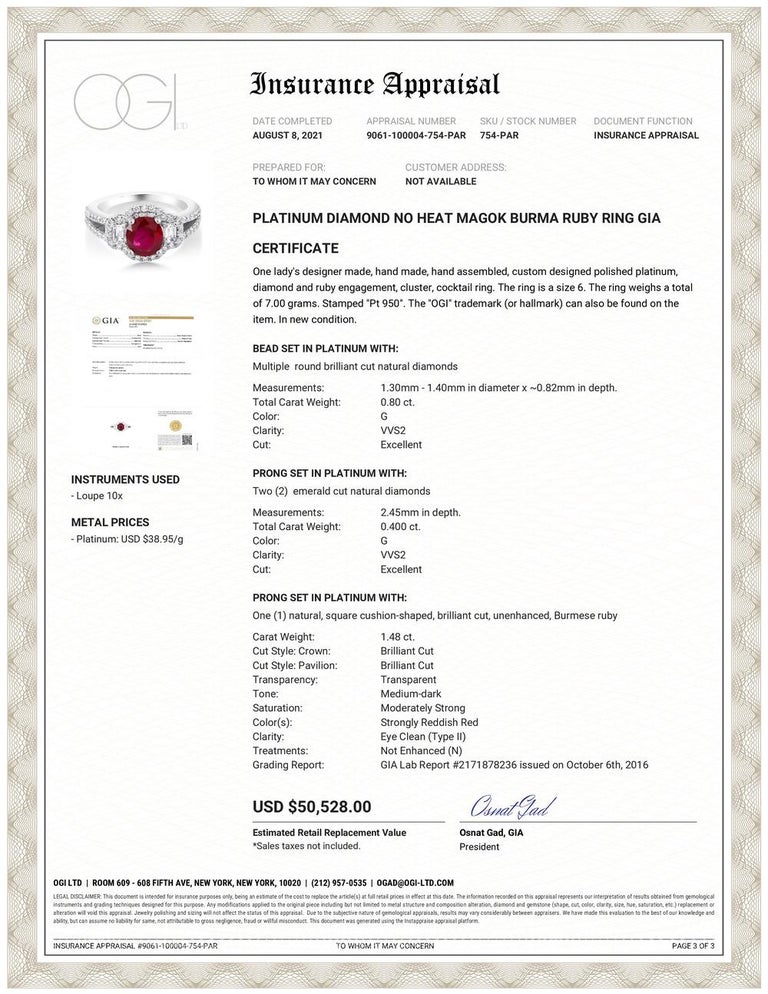 No Heat Magok Burma Ruby Platinum Diamond Ring GIA Certificate at ...