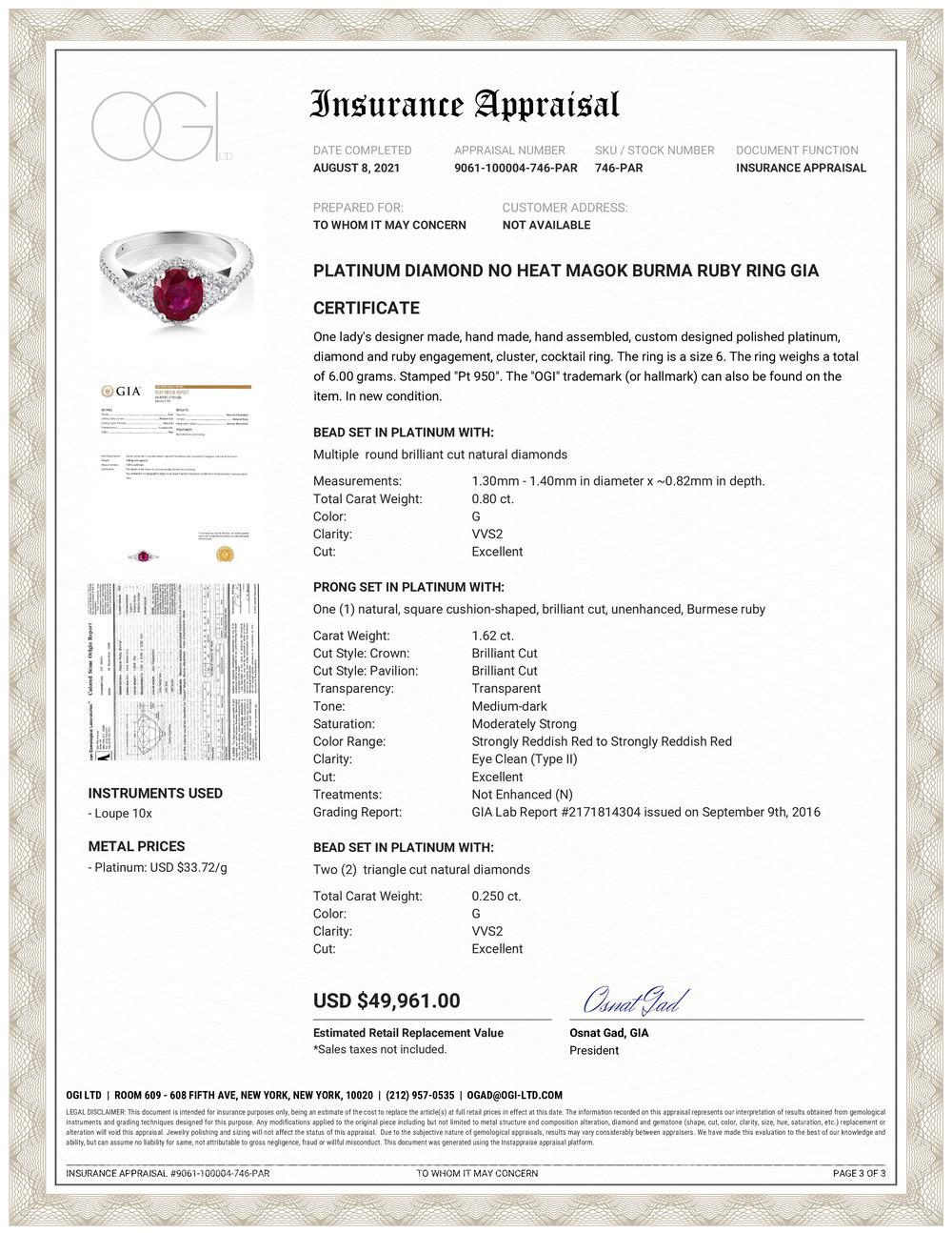 Cushion Cut GIA Certified No Heat  Burma Ruby 1.63 Carat Diamond 0.90 Carat Platinum Ring    For Sale