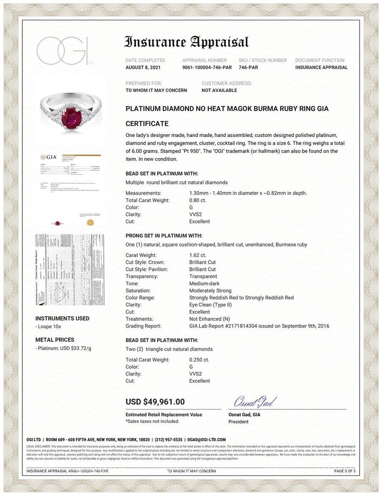 No Heat Magok Mined Burma Ruby Diamond Platinum Ring GIA Certificated In New Condition For Sale In New York, NY