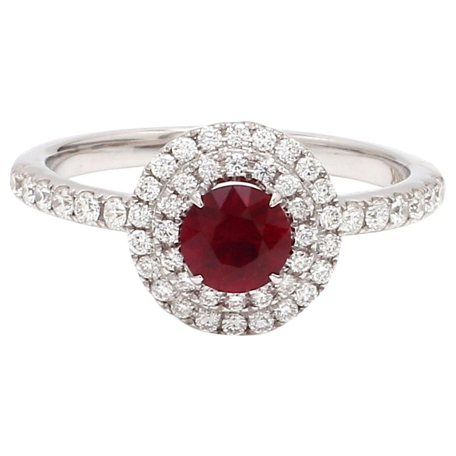 No Heat Mozambique Ruby Diamond 18 Karat White Gold Halo Ring For Sale