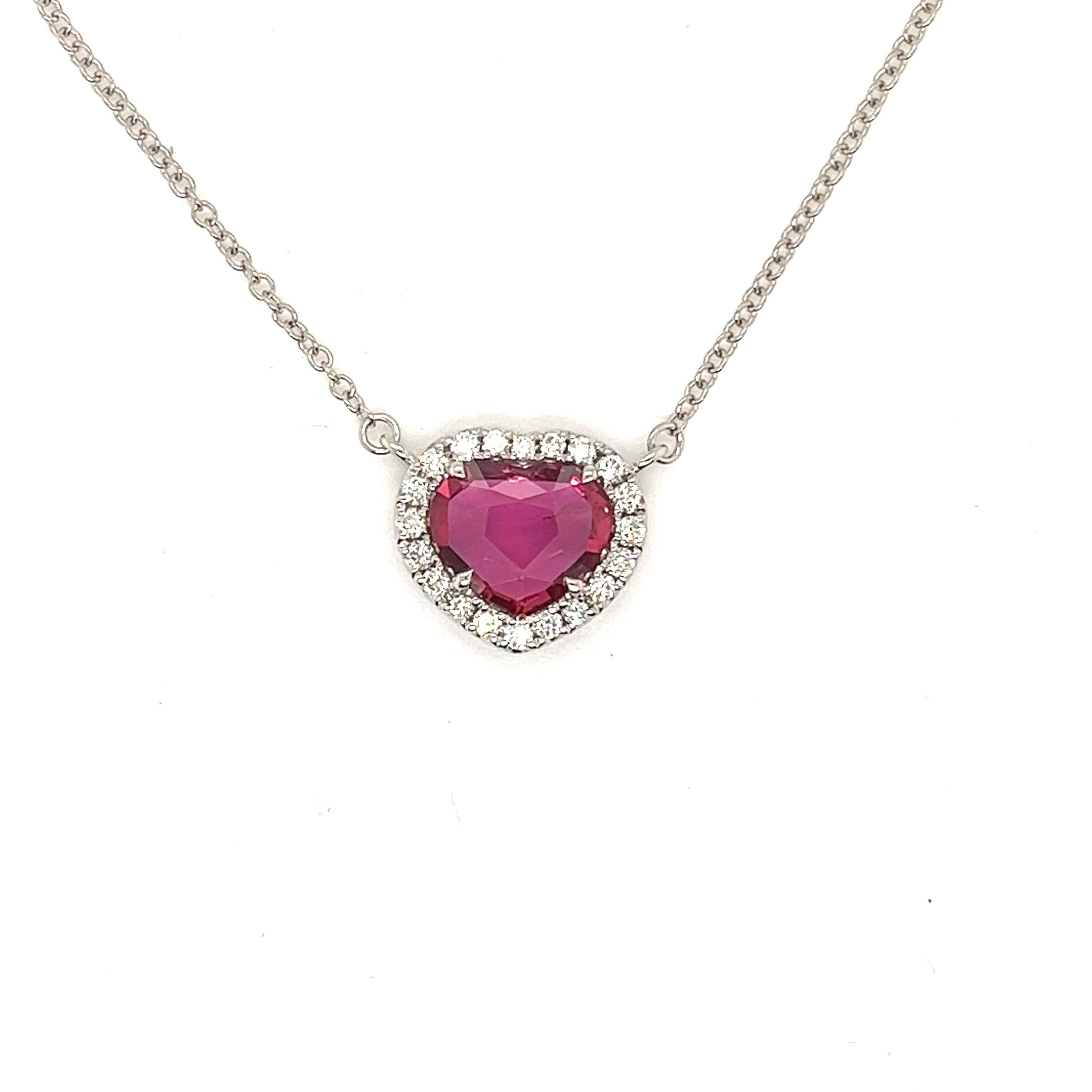 Heart Cut No Heat Mozambique Ruby & Diamond Necklace in 18 Karat White Gold For Sale