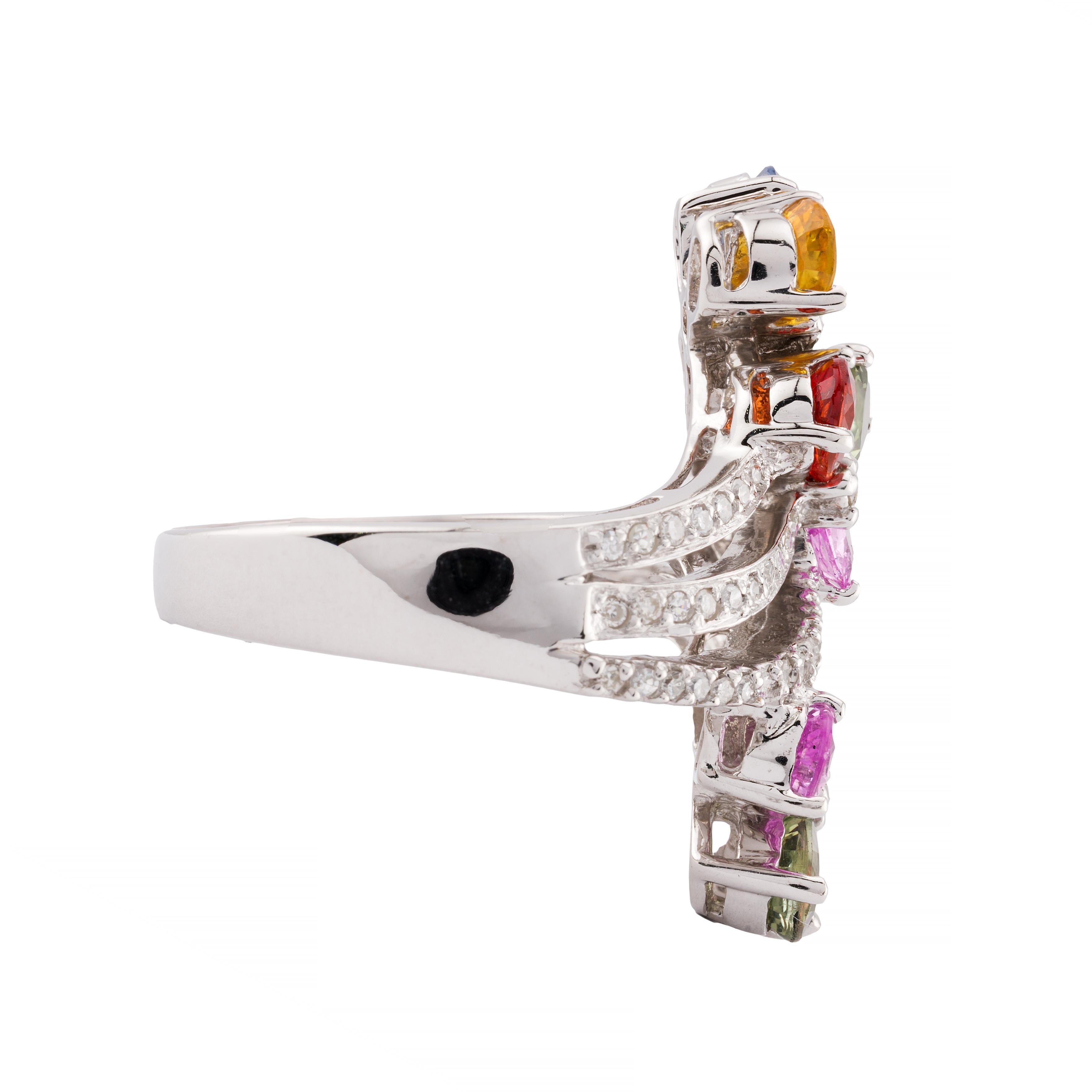 Taille poire No Heat Bague en or blanc 14 carats avec saphir naturel multicolore et diamant en vente