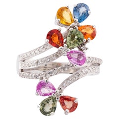 No Heat Multicolor Natural Sapphire & Diamond Ring in 14K White Gold
