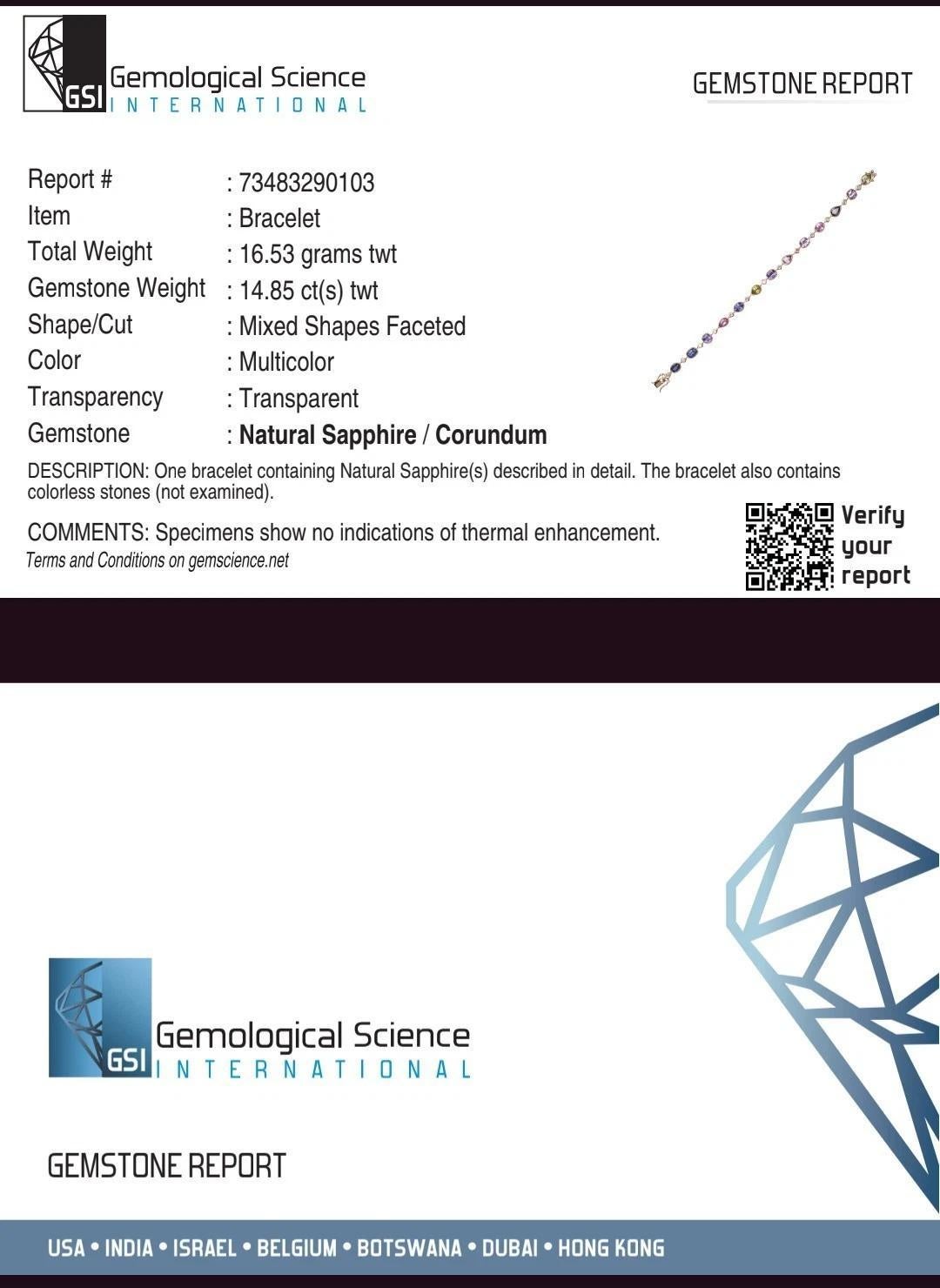 GSI No Heat Bracelet saphir multicolore et diamant en or rose 14k 

Le bracelet saphir et diamant multicolore No Heat comprend 13 saphirs naturels multicolores de couleur pourpre, bleue, rose et verte de formes variées et 13 diamants naturels de