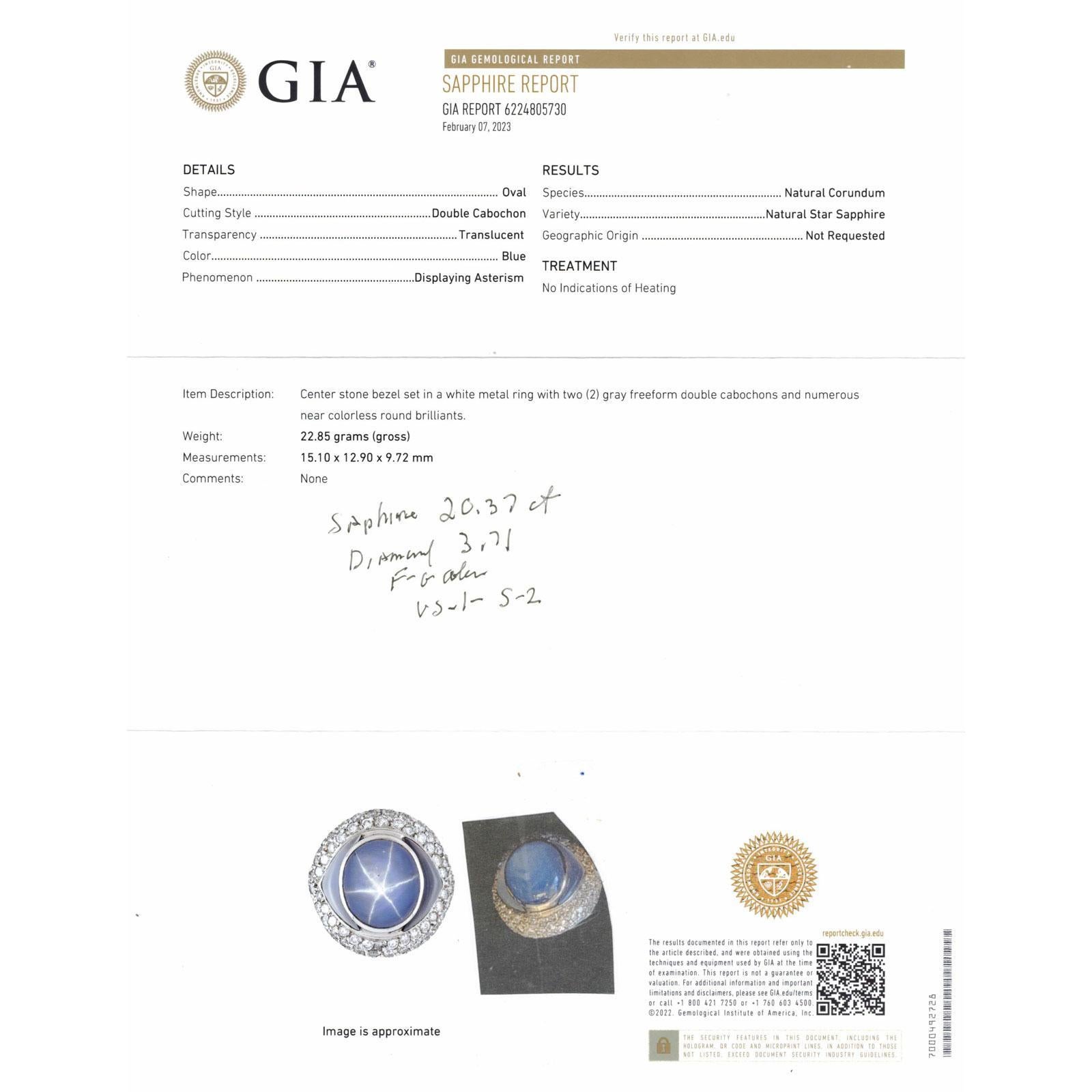 No Heat Natural Blue Star Sapphire Diamond 18K White Gold Cocktail Ring GIA Cert For Sale 1