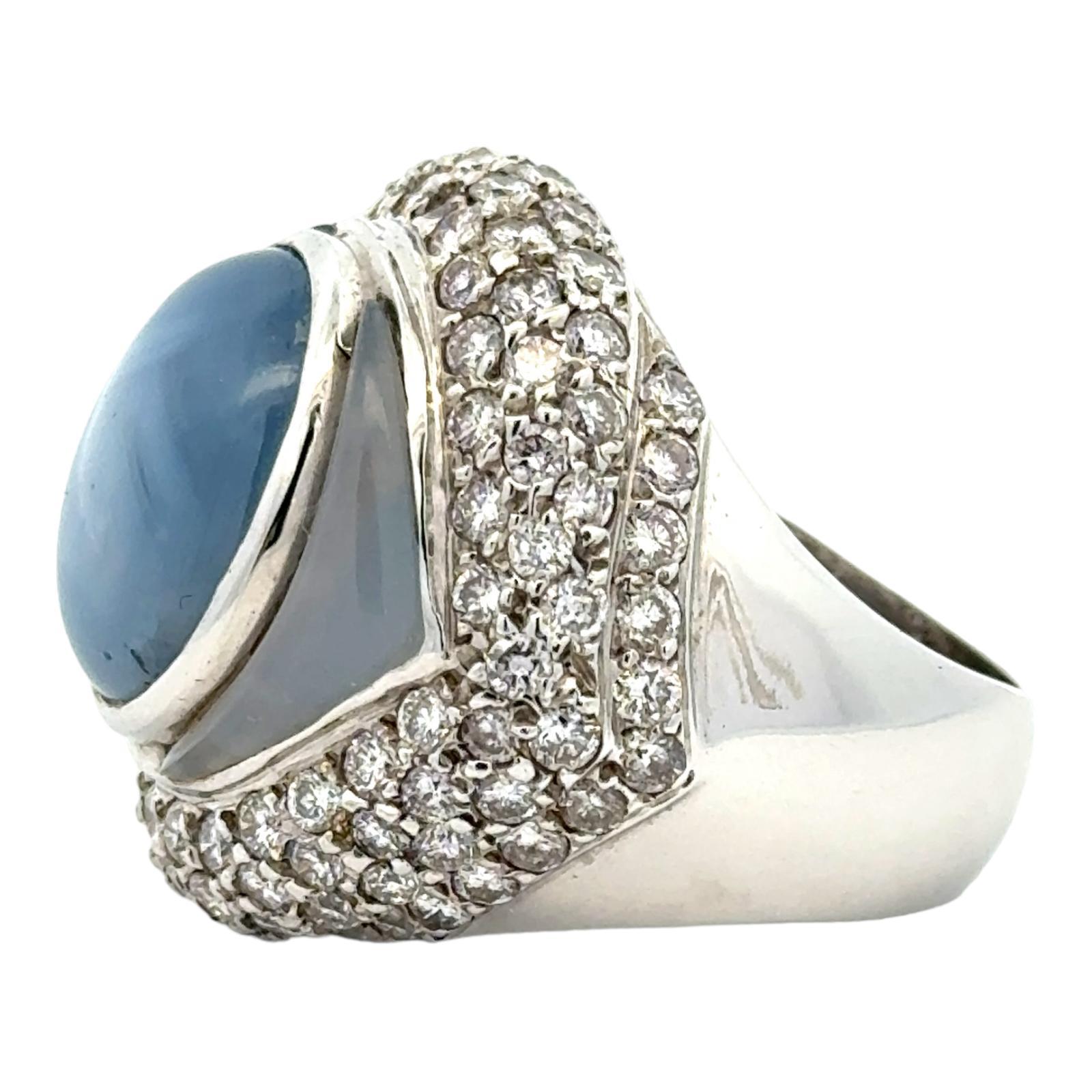Cabochon No Heat Natural Blue Star Sapphire Diamond 18K White Gold Cocktail Ring GIA Cert For Sale