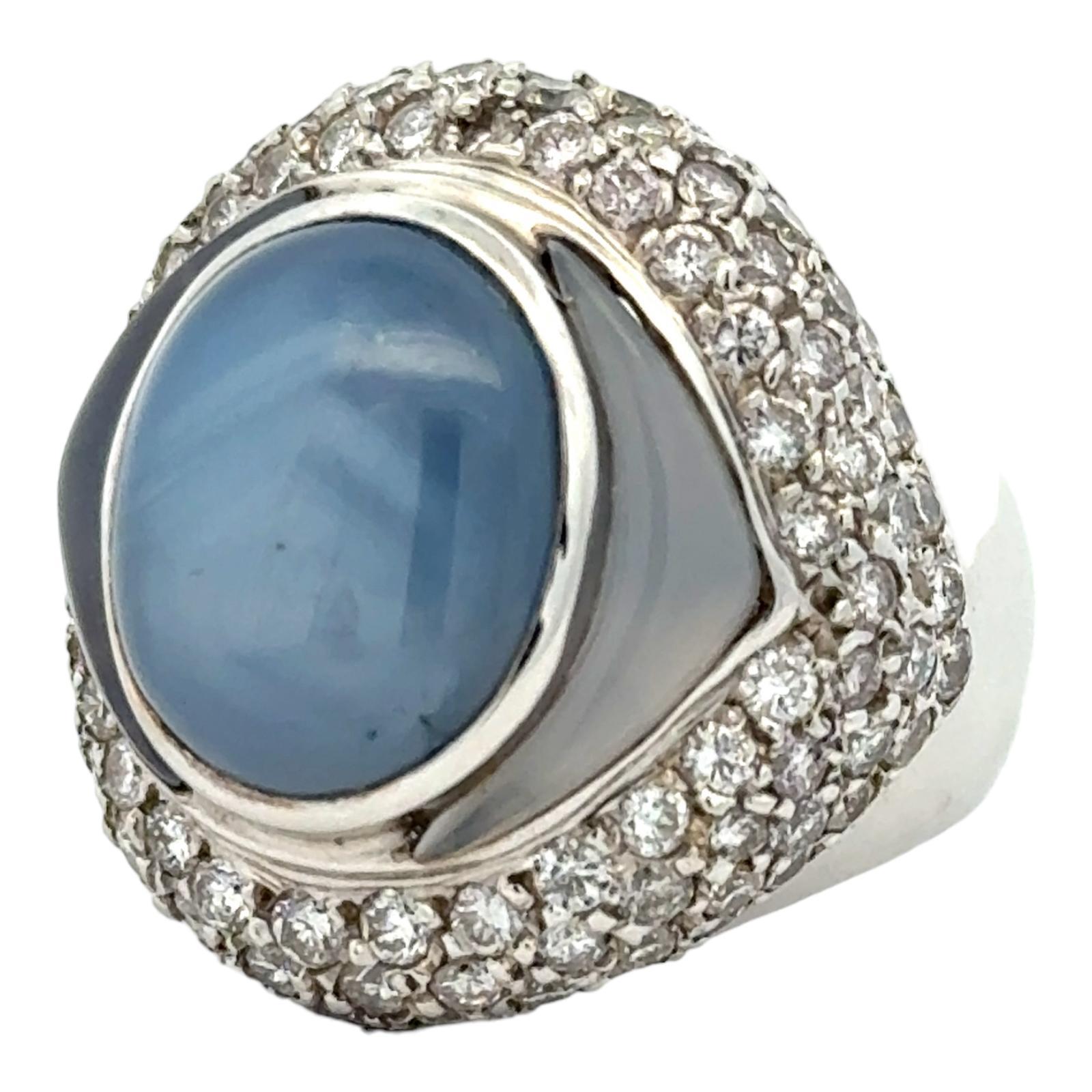 No Heat Natural Blue Star Sapphire Diamond 18K White Gold Cocktail Ring GIA Cert In Excellent Condition For Sale In Boca Raton, FL