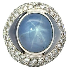 Vintage No Heat Natural Blue Star Sapphire Diamond 18K White Gold Cocktail Ring GIA Cert