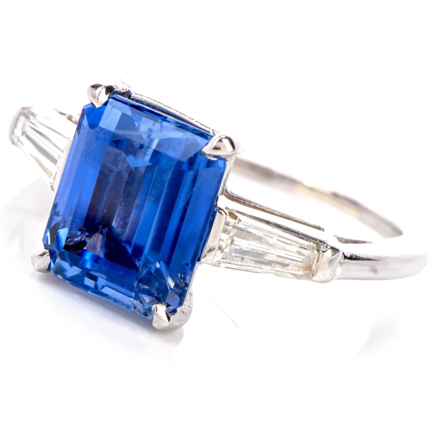 Emerald Cut No Heat Natural GIA Sri Lankan Ceylon Sapphire Diamond Platinum Engagement Ring