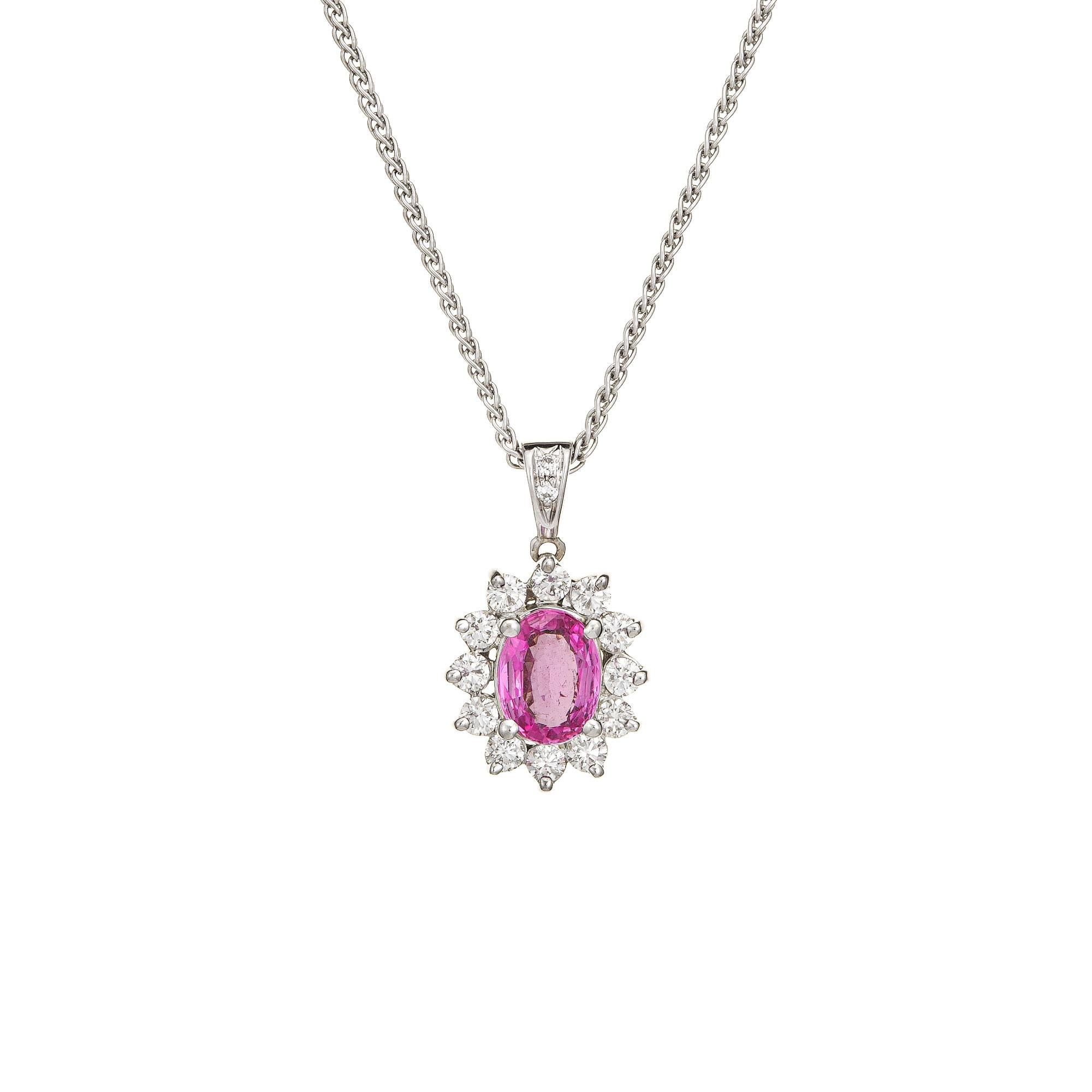 No Heat Natürlicher rosa Saphir Diamant-Halskette 18k Weißgold Vintage-Schmuck (Ovalschliff) im Angebot