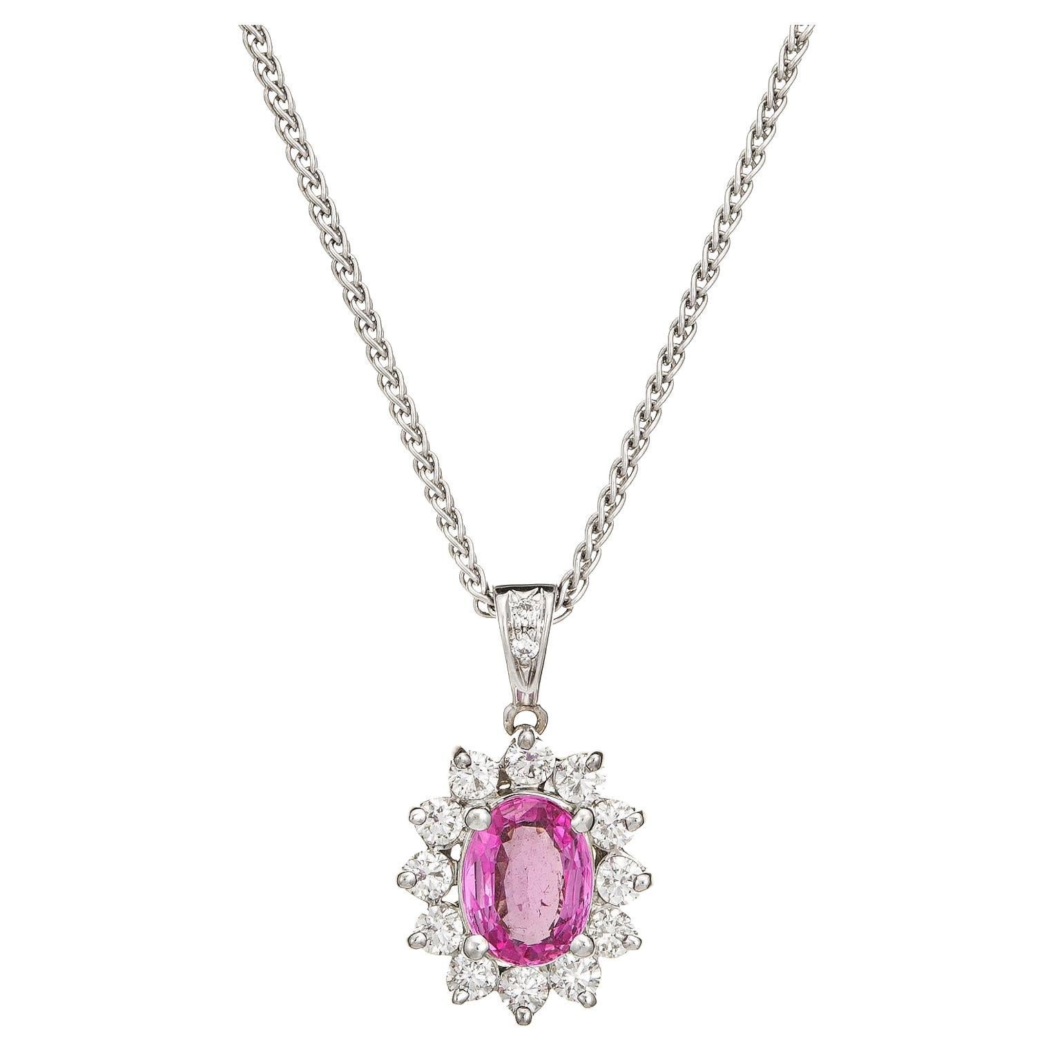 No Heat Natural Pink Sapphire Diamond Necklace 18k White Gold Vintage Jewelry For Sale