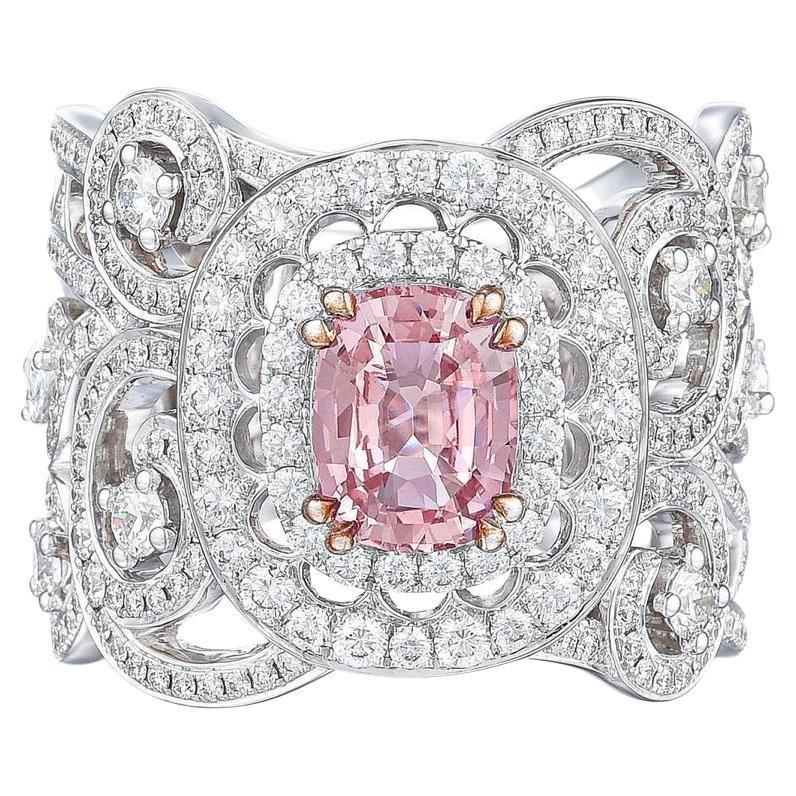 Bague de fiançailles Padparadscha en or 18 carats avec saphir et diamants, sans chaleur