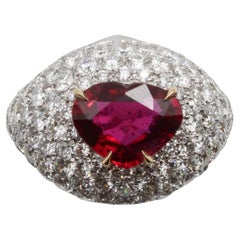 No Heat Pigeon Blood Ruby Heart Ring with Pavé Diamonds, Gübelin & GRS