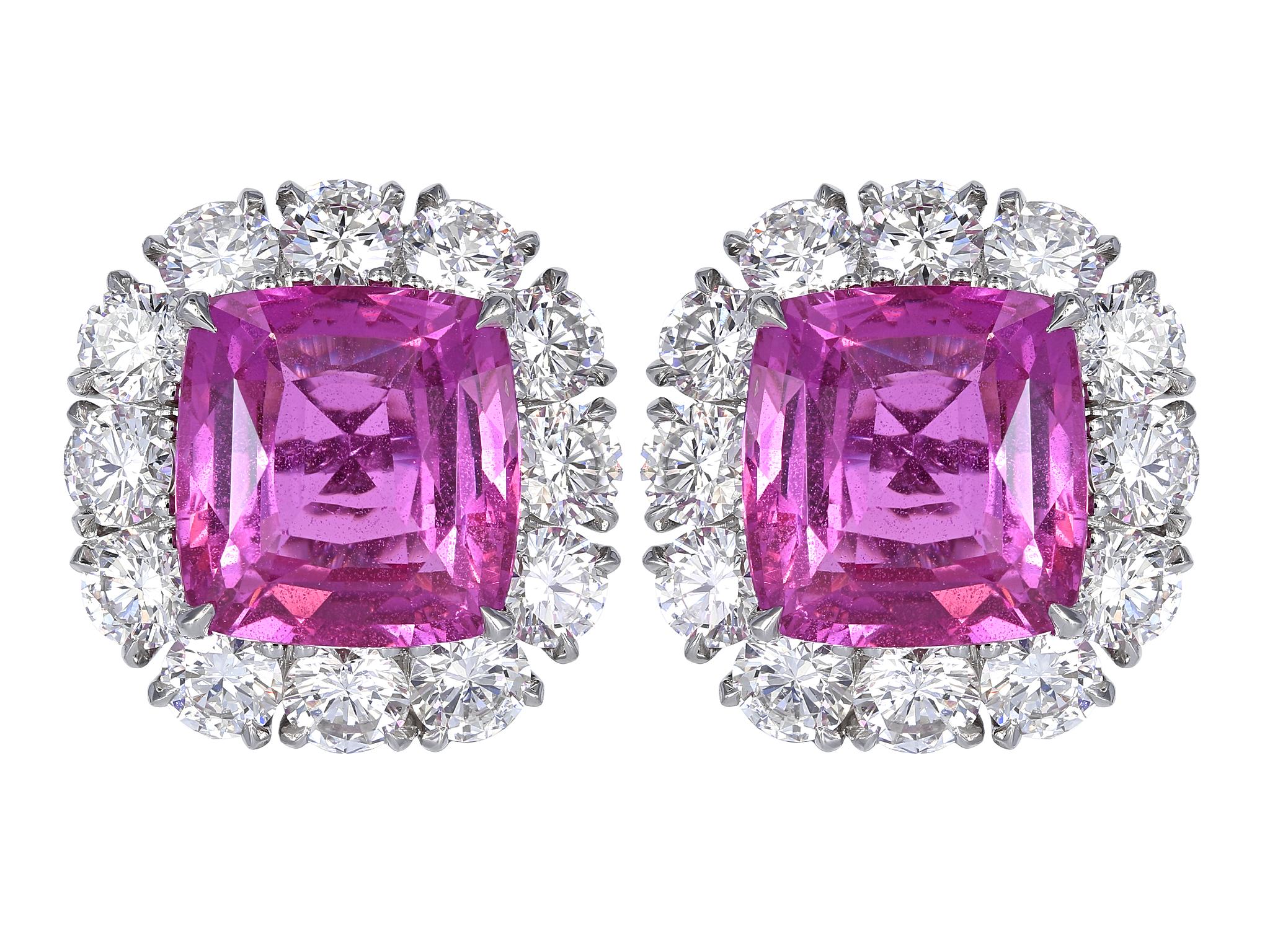 Contemporary No Heat Pink Sapphire Diamond Platinum Cluster Earrings For Sale