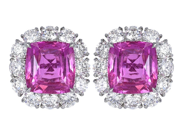 No Heat Pink Sapphire Diamond Platinum Cluster Earrings For Sale at 1stDibs