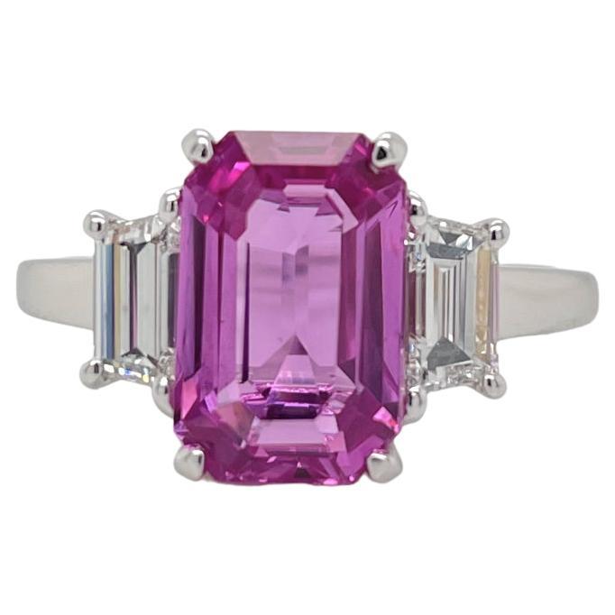 No Heat Pink Sapphire & Diamond Three Stone Ring For Sale