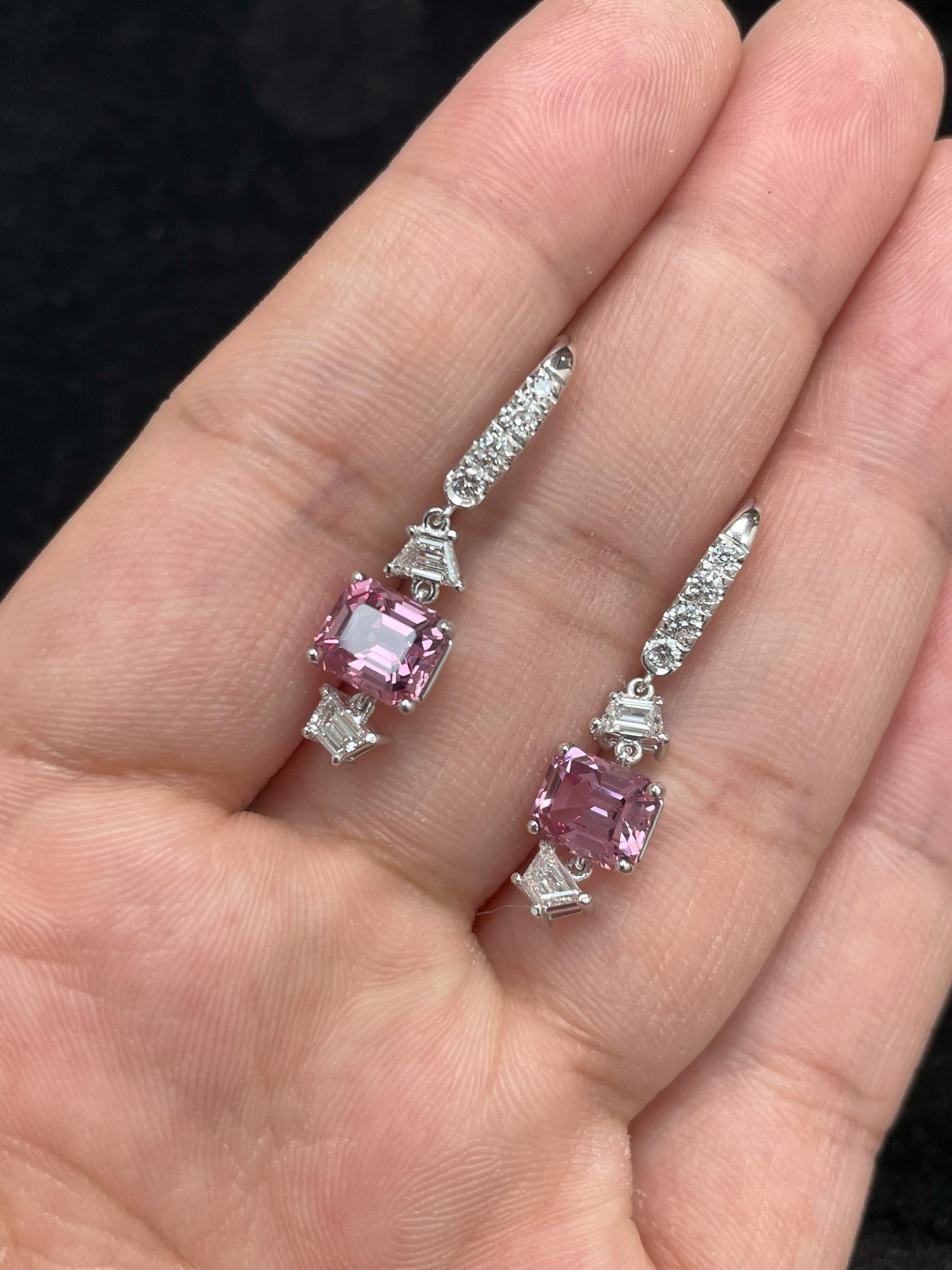 No Heat Pink Spinel Cts 4.21 and Diamond Dangle Earrings For Sale 5