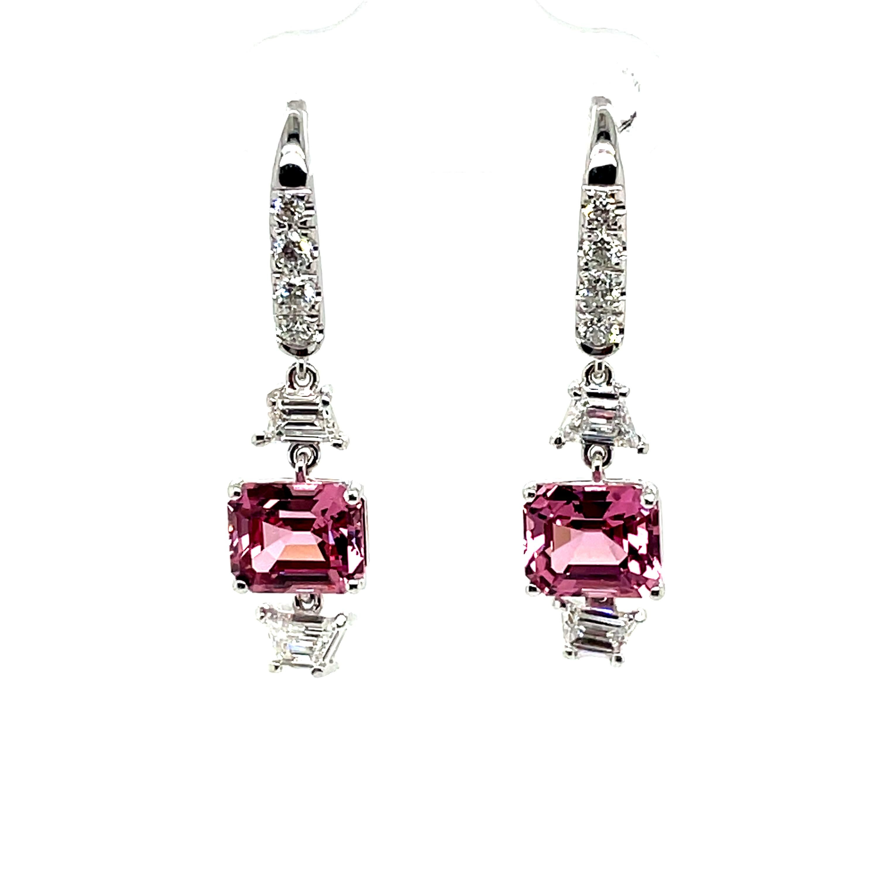 Emerald Cut No Heat Pink Spinel Cts 4.21 and Diamond Dangle Earrings For Sale