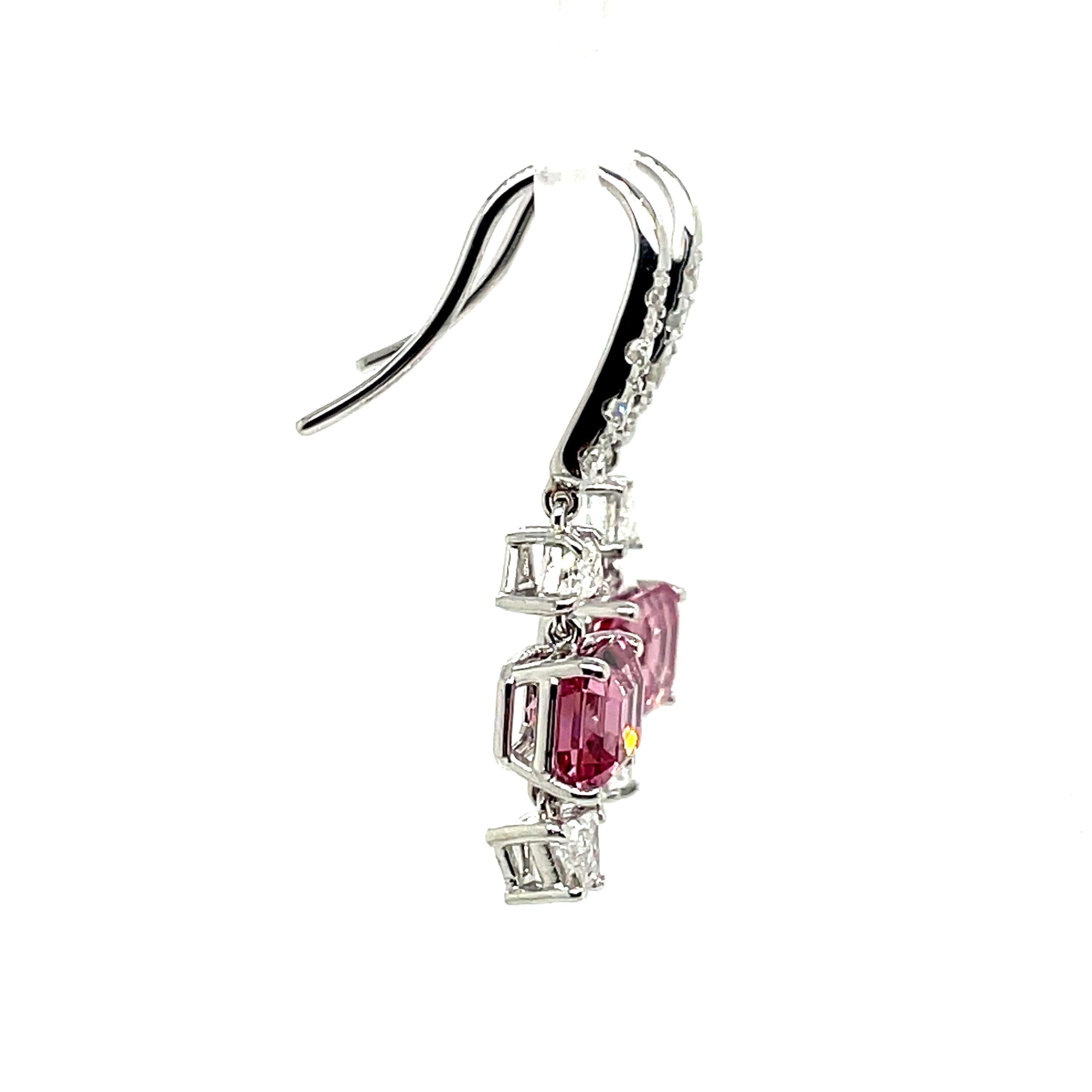 No Heat Pink Spinel Cts 4.21 and Diamond Dangle Earrings For Sale 1