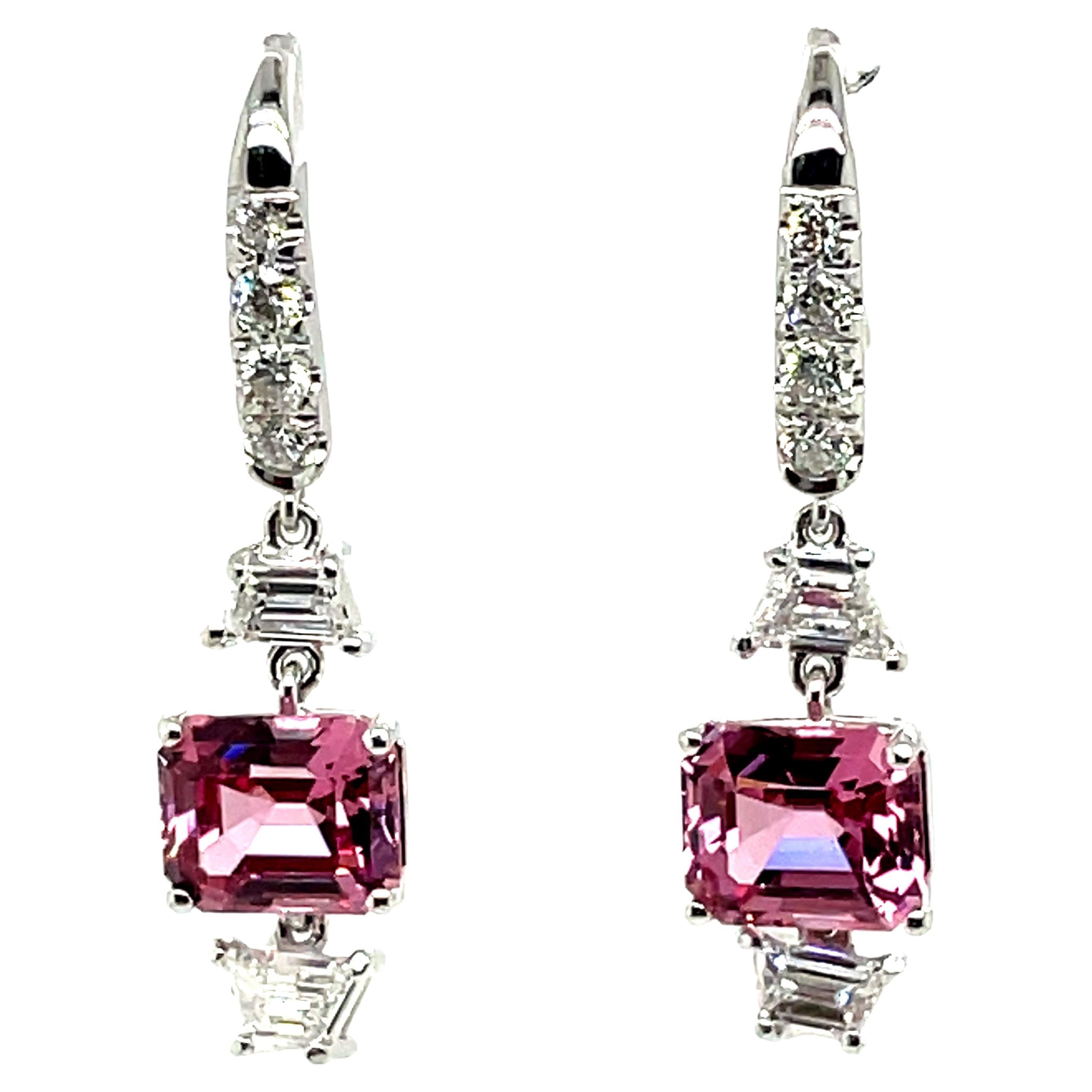 Contemporary No Heat Pink Spinel Cts 4.21 and Diamond Dangle Earrings For Sale