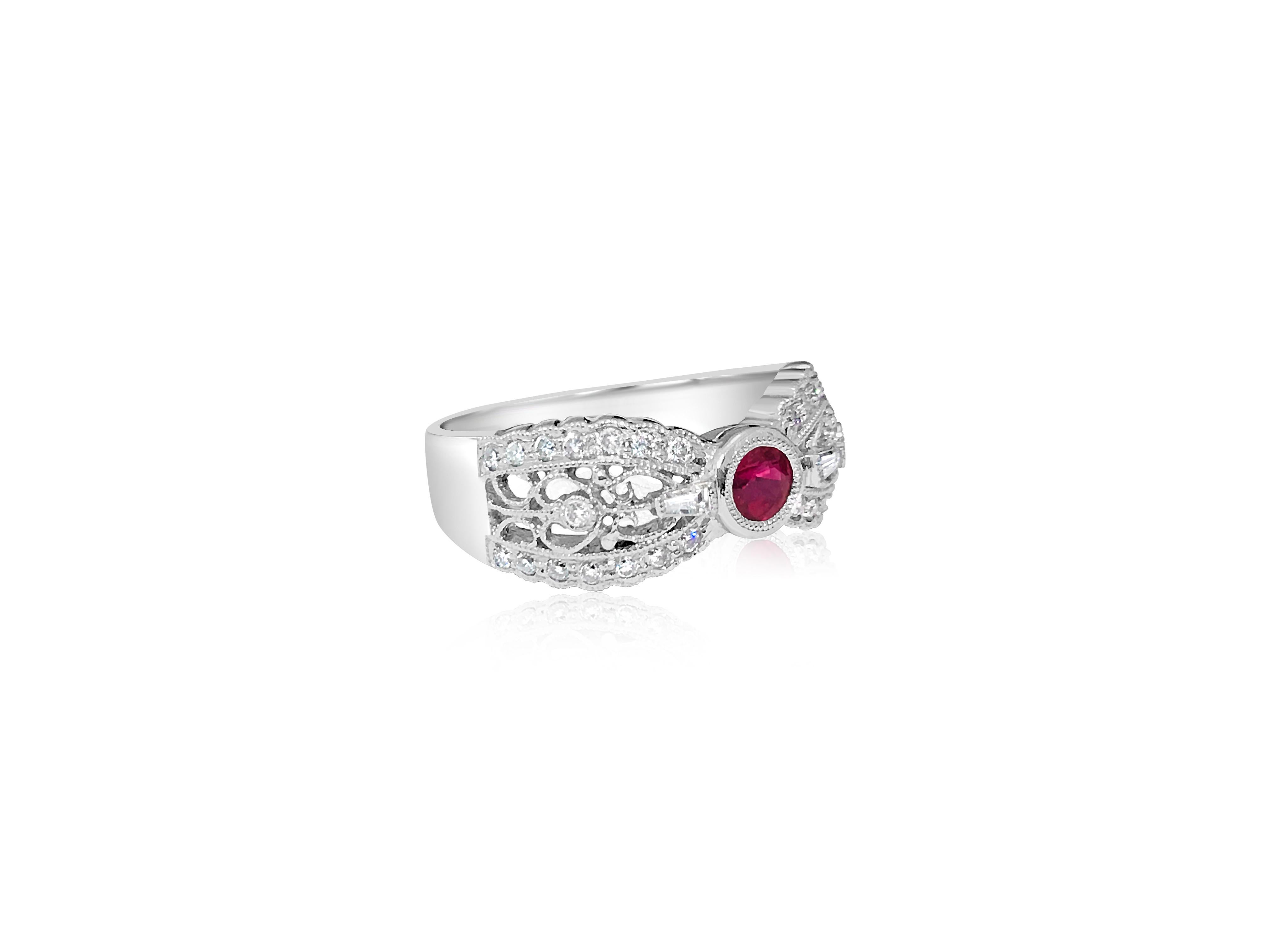 Metal: Platinum. 

No heat ruby. Natural Pigeon red ruby. 

Round Brilliant Cut (RBC) diamonds, VS clarity and F-G color. 

All precious stones are high quality and perfectly cut. 

Excellent ladies ruby and diamond engagement ring 
