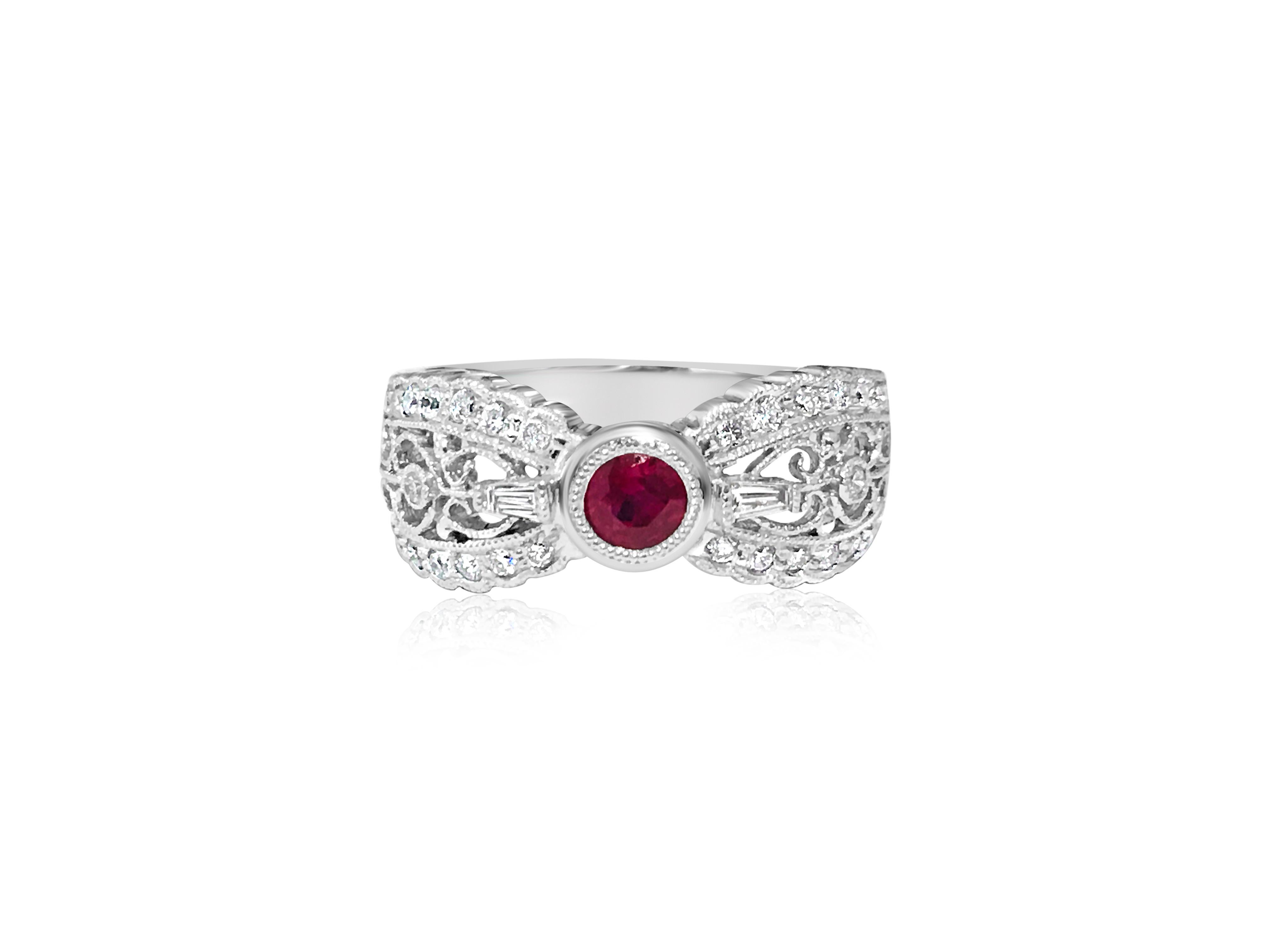 Round Cut No Heat Ruby and Diamond Platinum Engagement Ring For Sale