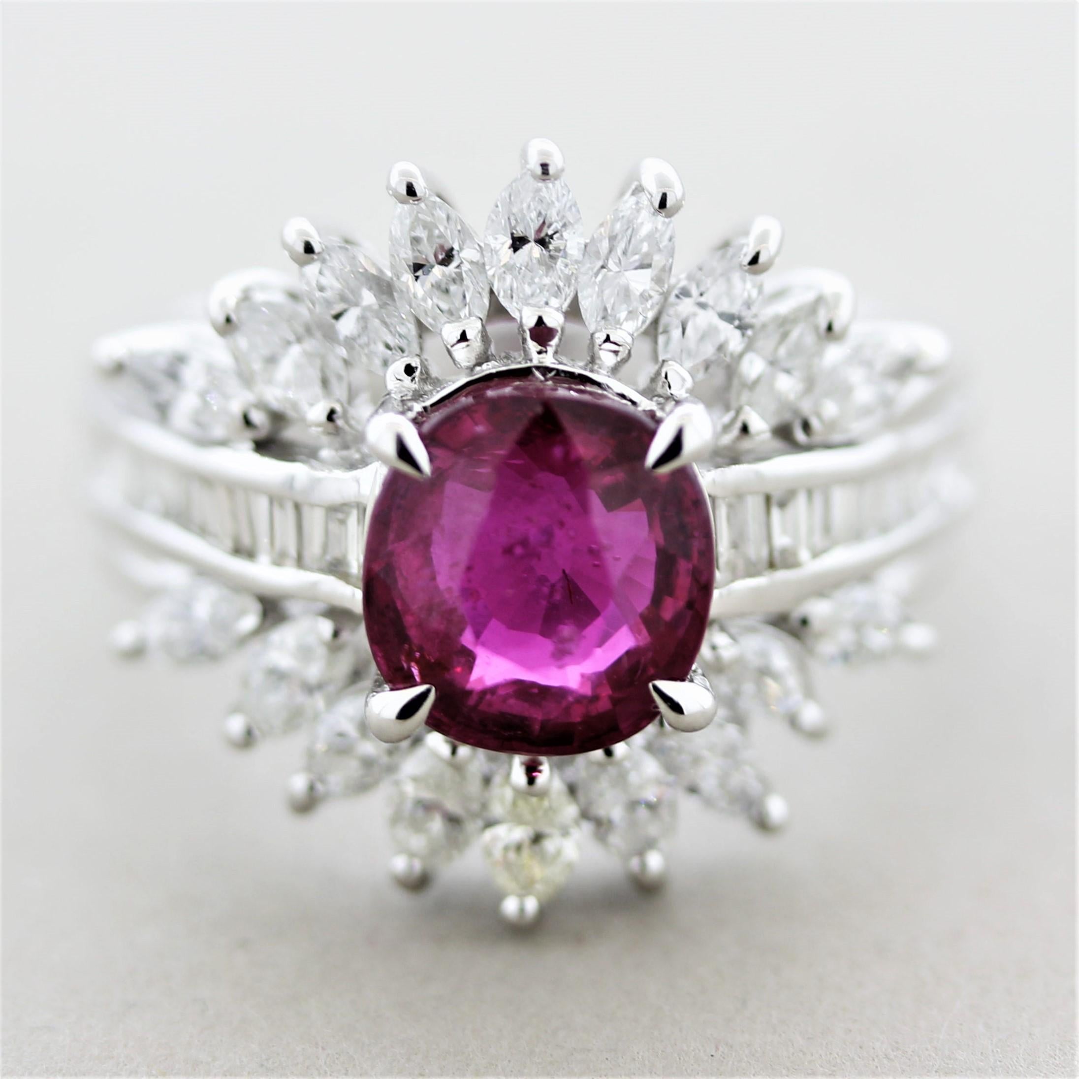 A superb ring featuring a rare unheated ruby. It weighs exactly 3.00 carats and is certified by the GIA as natural with no treatments, very rare for ruby. It has a bright and lively slightly pinkish-red color that dances in the light. It is accented