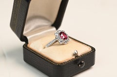 No Heat Ruby Ring. GIA 1ct Ruby Diamond Halo Accent Engagement Ring Platinum